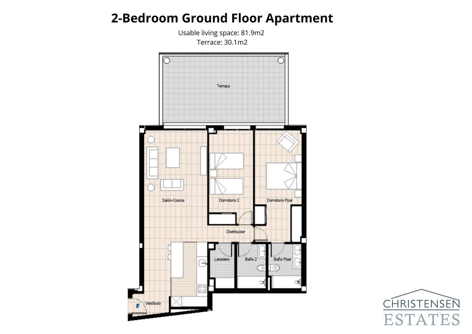 This two-bedroom ground floor layout features a seamless flow between the living area and a large private terrace.