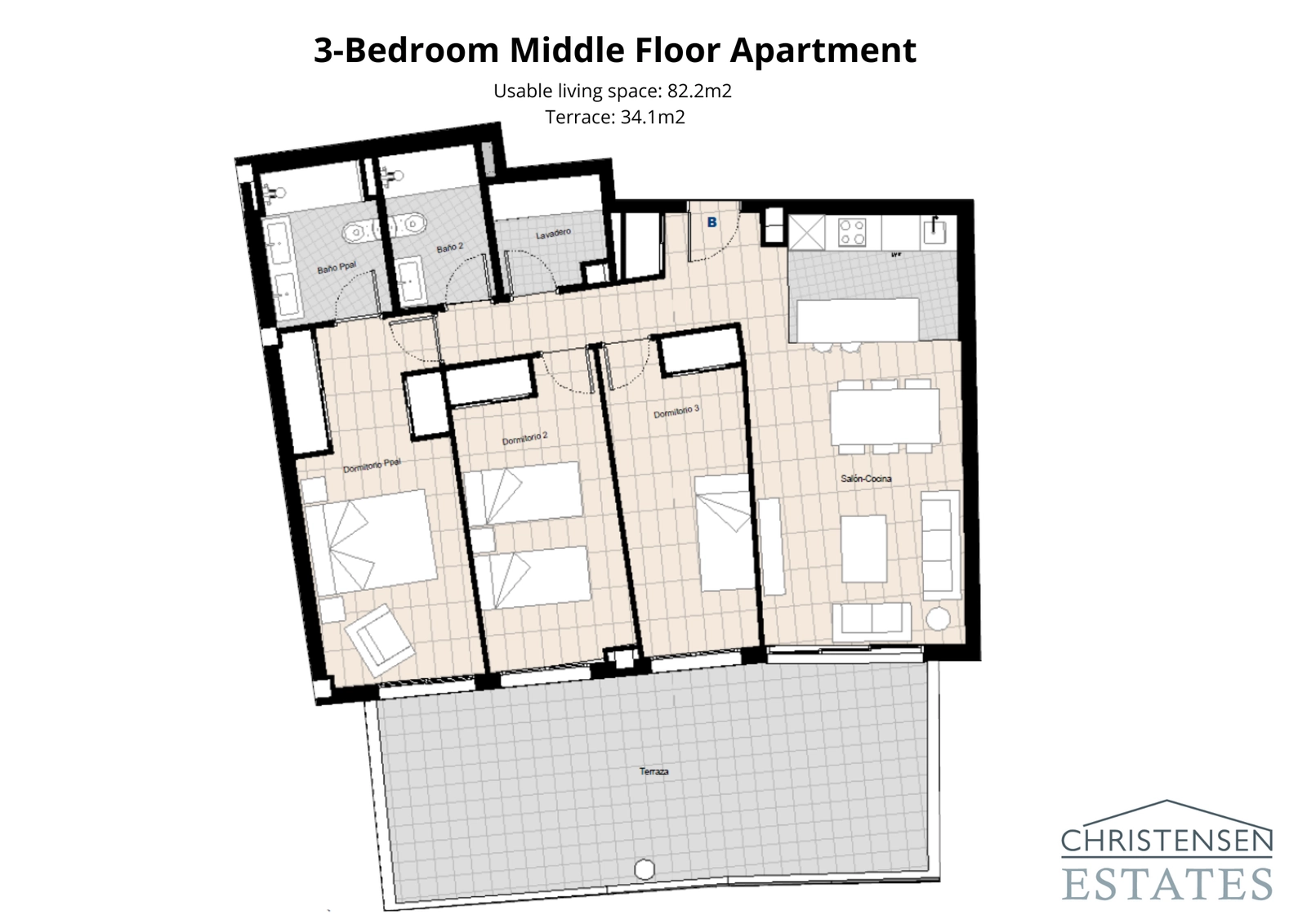 This three-bedroom middle floor apartment provides a spacious and practical layout with a generous terrace for enjoying the climate.