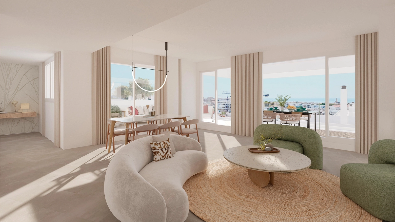 A spacious rooftop terrace with lounge and dining areas, perfect for enjoying the Costa del Sol lifestyle.