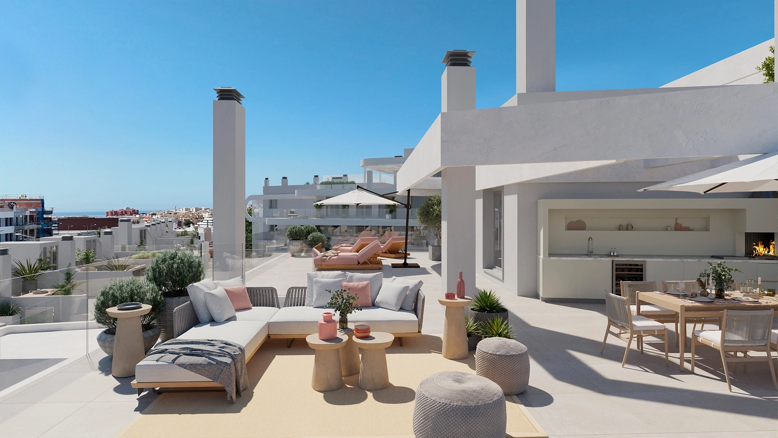 Modern architecture is complemented by lush, landscaped gardens creating a serene environment.