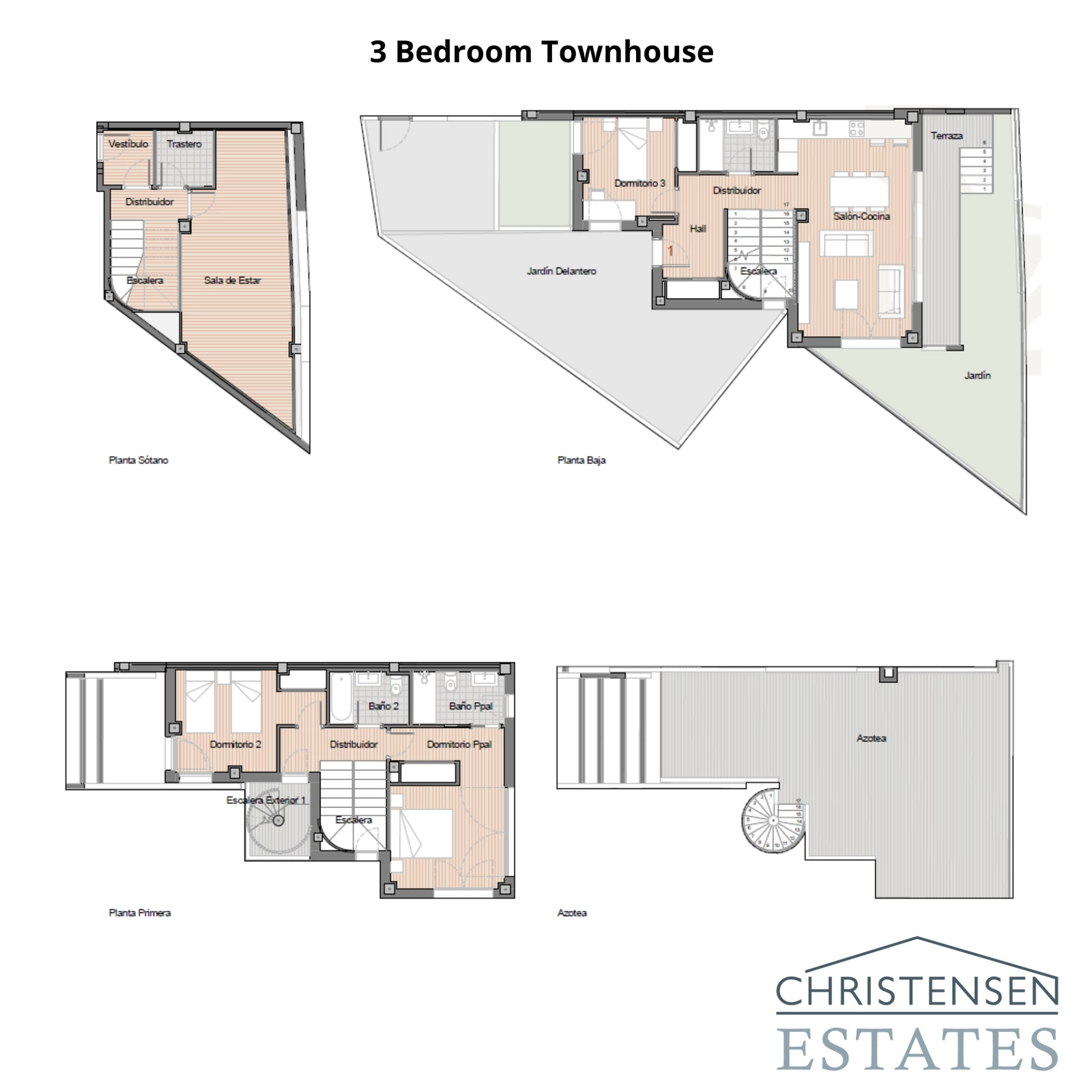 This plan shows the layout for a spacious 3-bedroom townhouse, detailing the distribution of rooms across the basement, ground floor, first floor, and rooftop solarium.