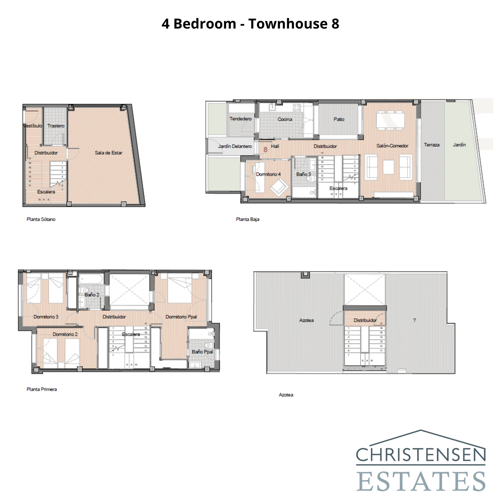 An alternative 4-bedroom townhouse layout, designed for optimal comfort and functionality, with multiple floors offering distinct living and private zones.