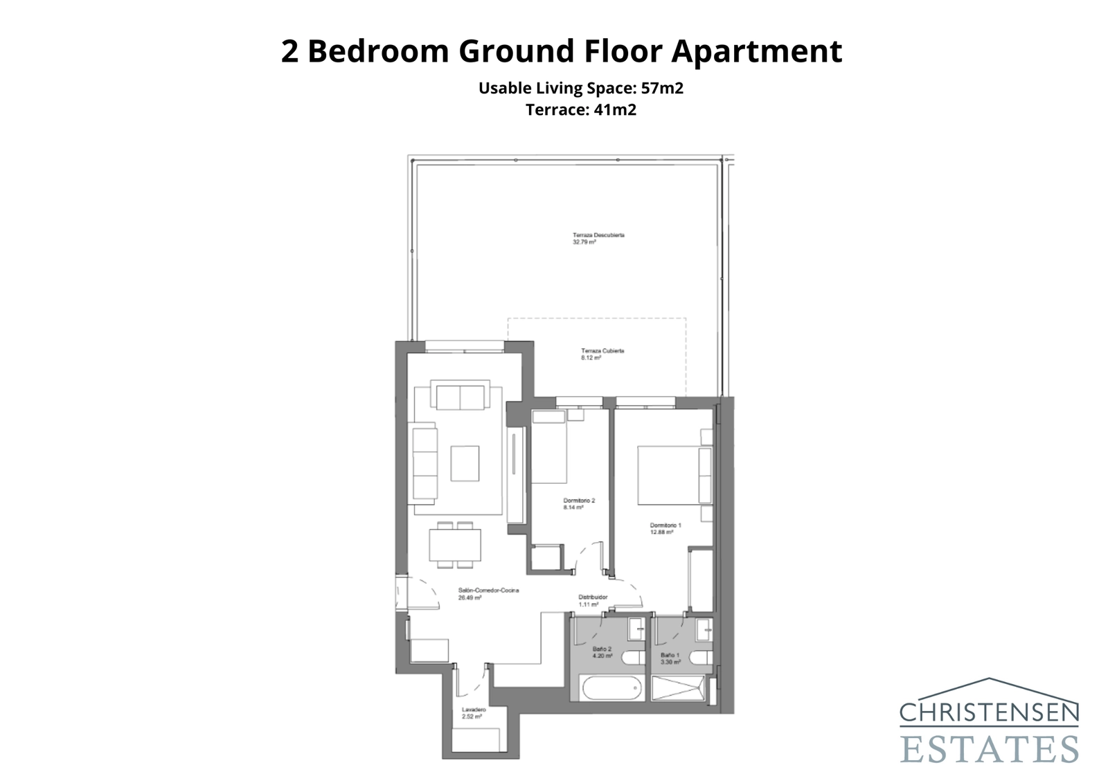 This two-bedroom ground floor layout connects indoor living with a large private terrace.