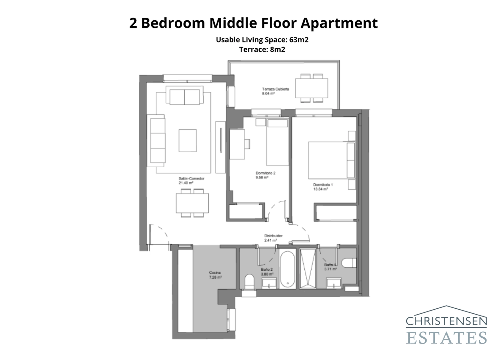 A practical two-bedroom design featuring a comfortable living area and private balcony.