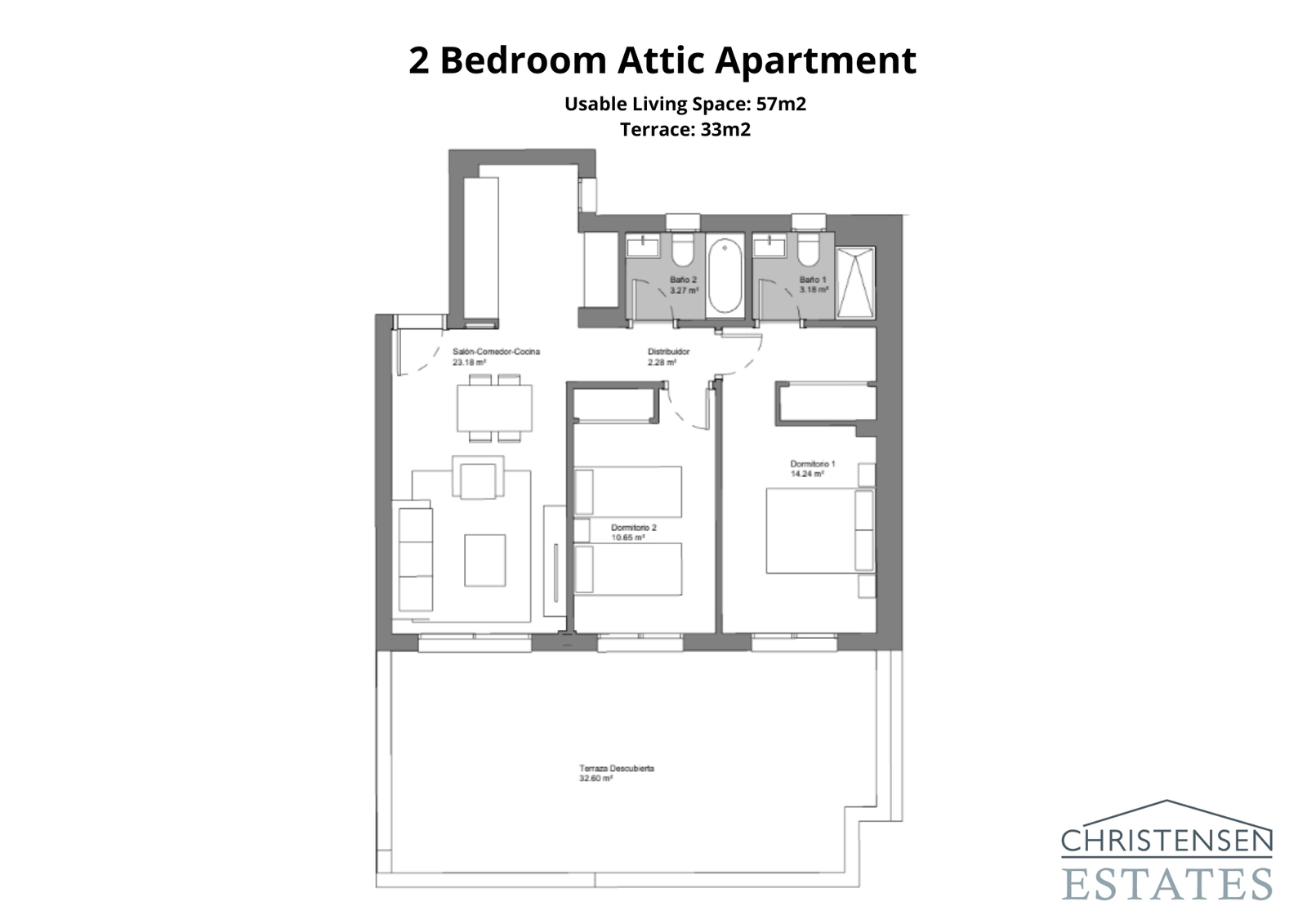 The two-bedroom attic apartment includes a magnificent terrace for enjoying the sun and views.