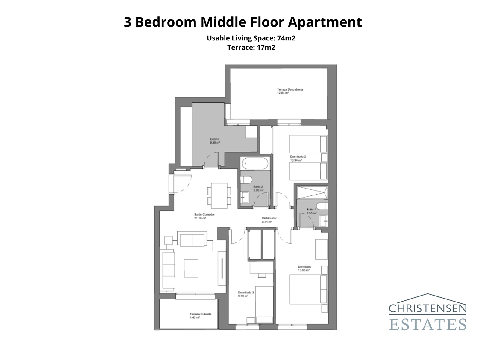 A spacious three-bedroom home, ideal for families, with generous living areas and two terraces.