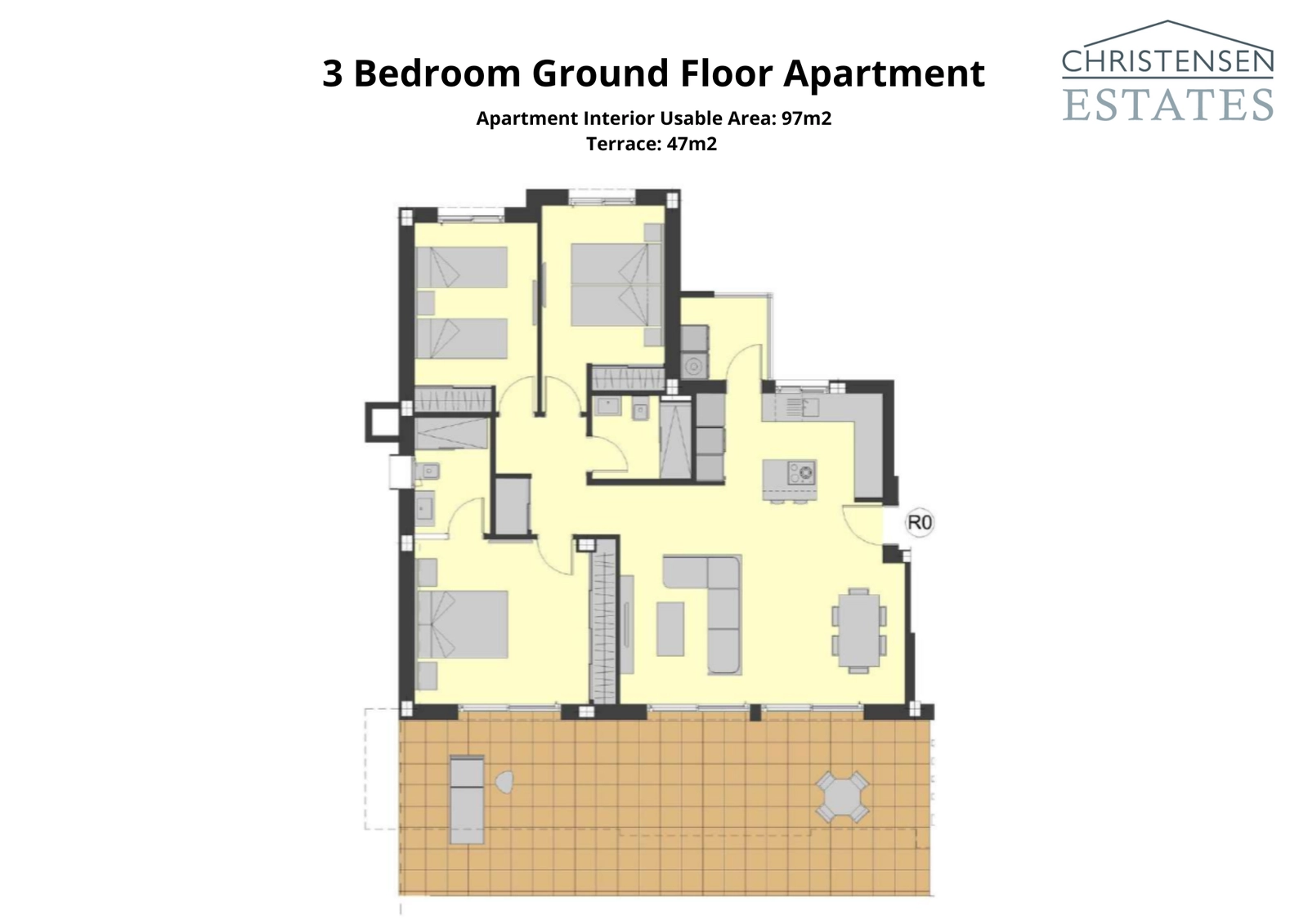 A spacious three-bedroom ground floor layout, featuring generous interiors that connect to a large terrace for a superb indoor-outdoor lifestyle.