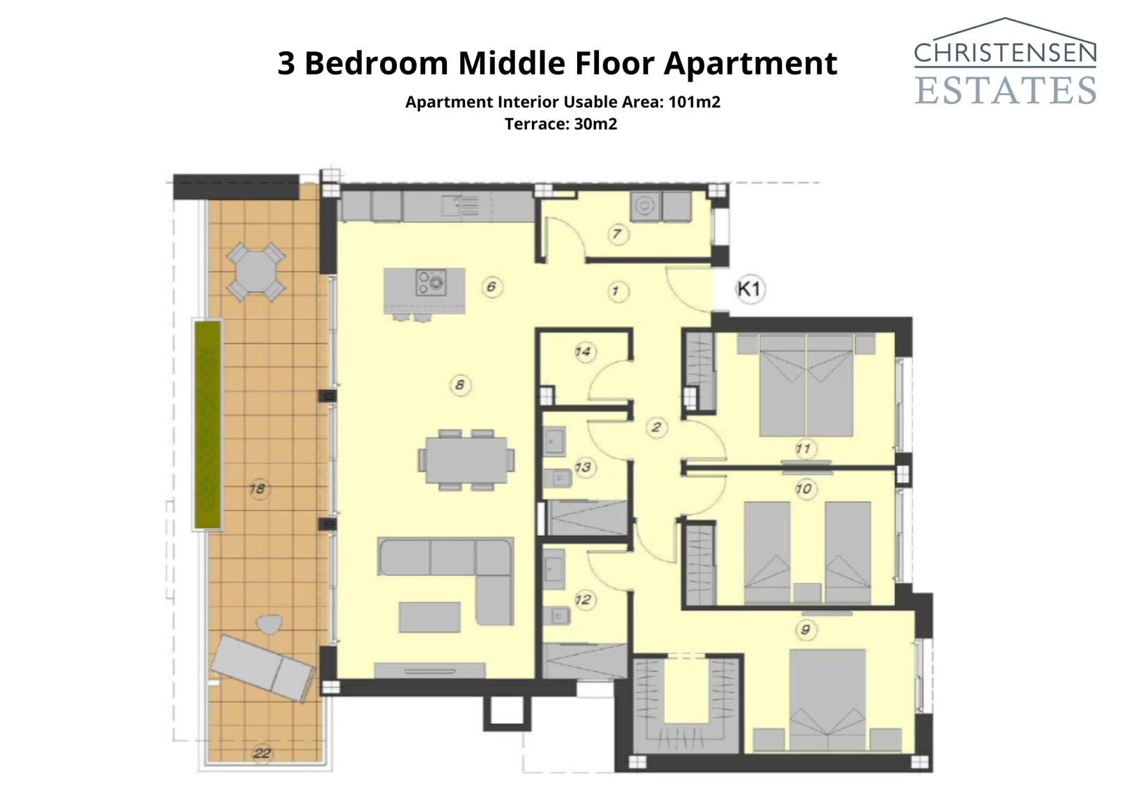 The floor plan for a three-bedroom middle floor apartment, offering a smart distribution of space and a lovely terrace to enjoy the sun.