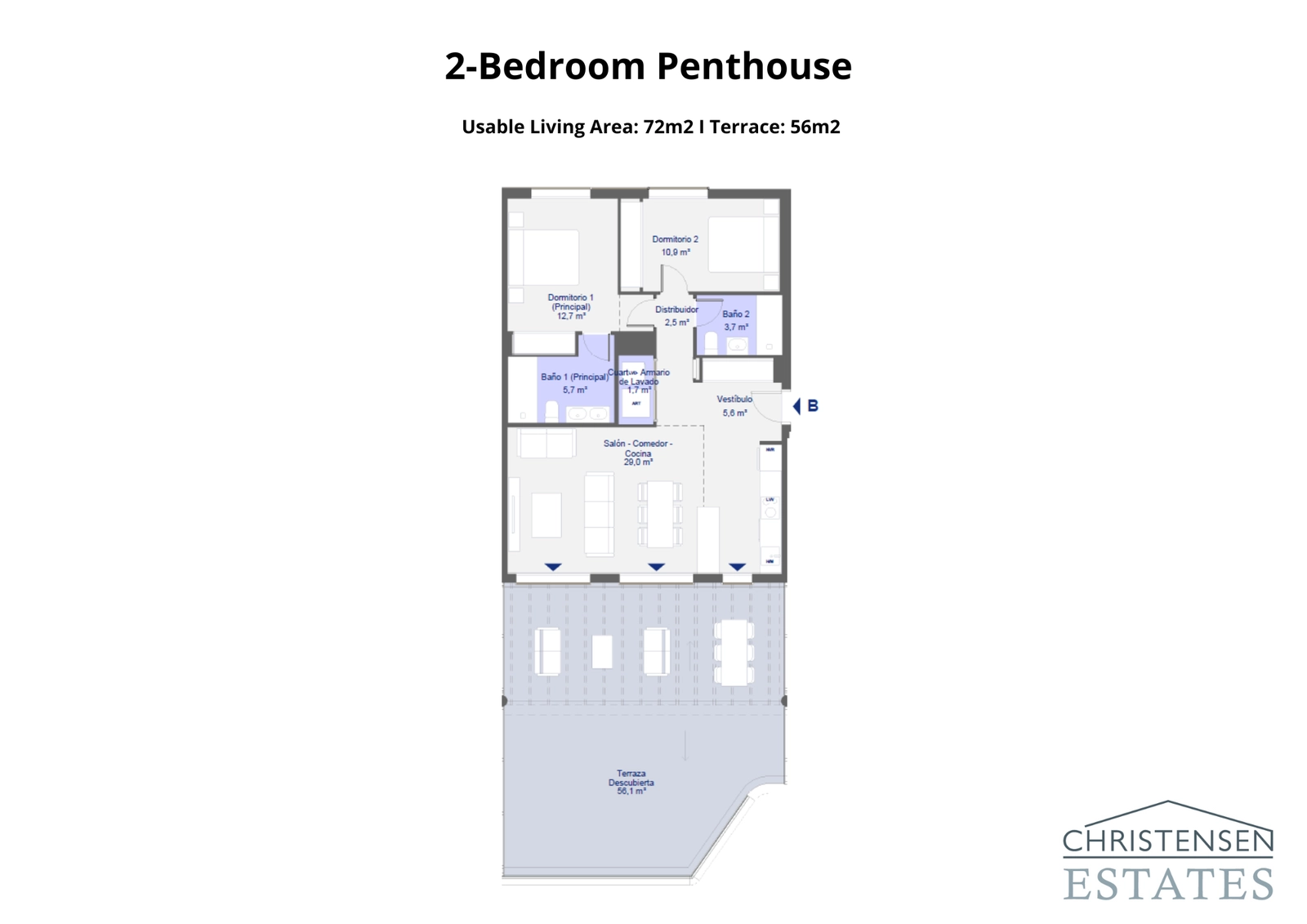 This two-bedroom penthouse layout features an expansive terrace, perfect for enjoying the sun and views.
