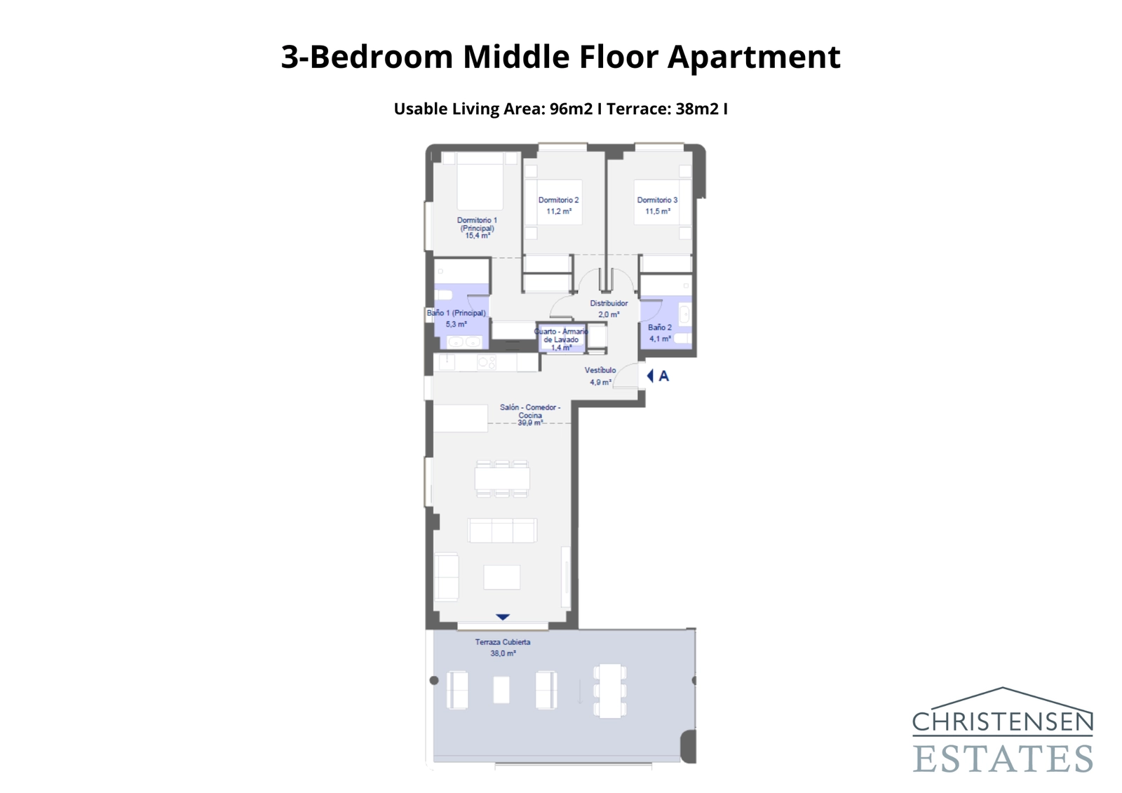 The well-proportioned three-bedroom apartment plan offers comfortable living spaces and a generous covered terrace.