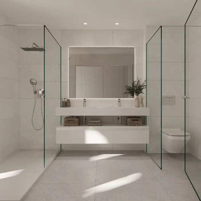 Elegant main bathrooms feature high-quality materials, contemporary design, and spacious walk-in showers for a spa-like experience.