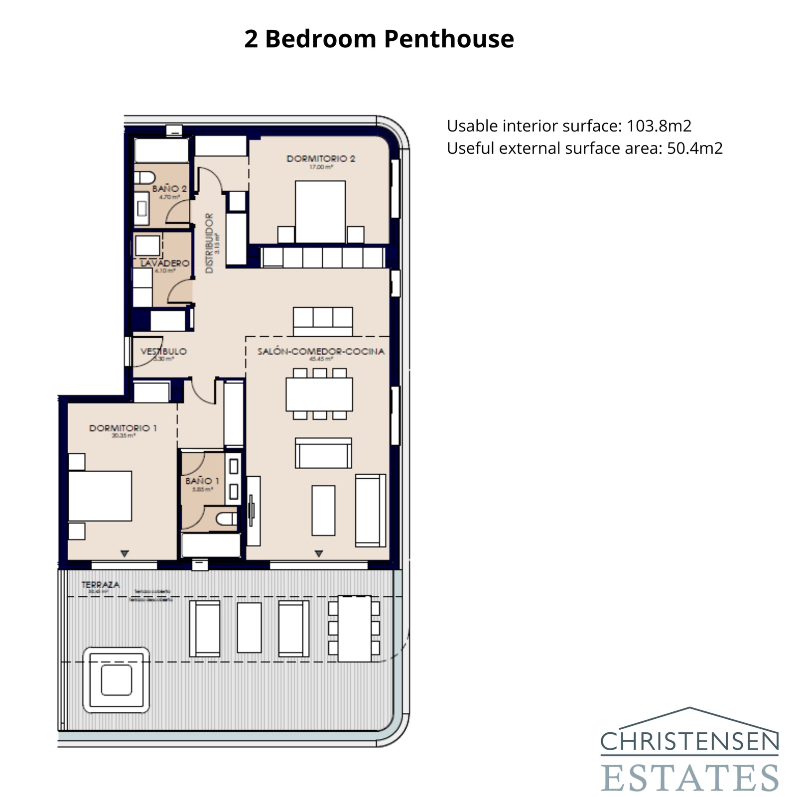 This two-bedroom penthouse layout shows an open-plan living area that flows onto a large terrace, maximising the indoor-outdoor lifestyle and spectacular views.