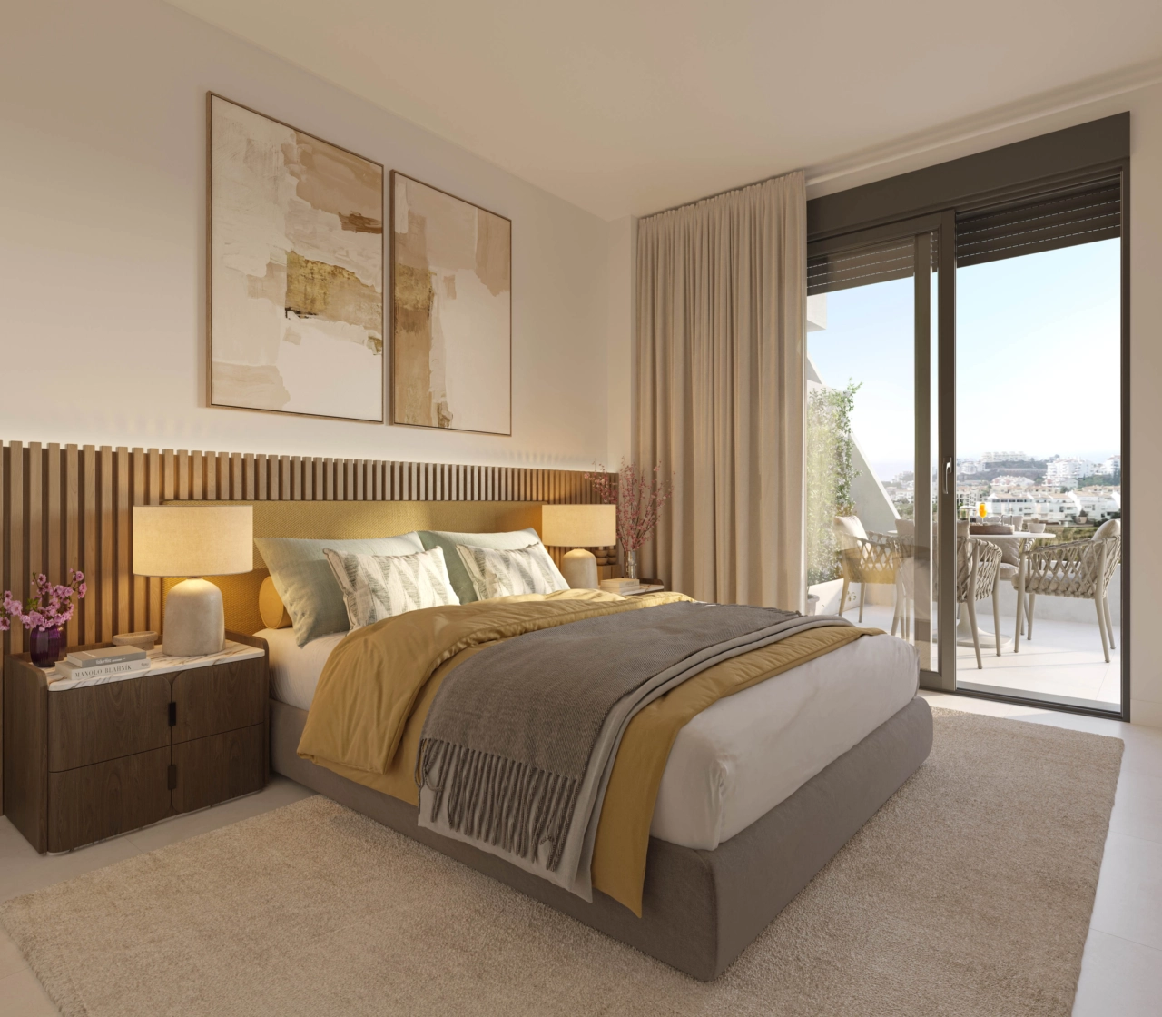 The master bedroom opens onto a private terrace, creating a peaceful retreat with lovely views.