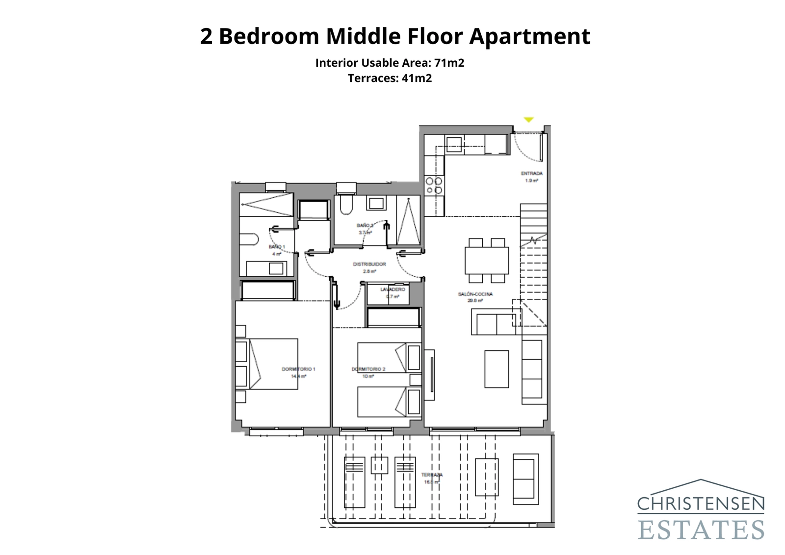 Two-bedroom apartment layout, designed for comfort with a generous terrace to enjoy the Costa del Sol climate.