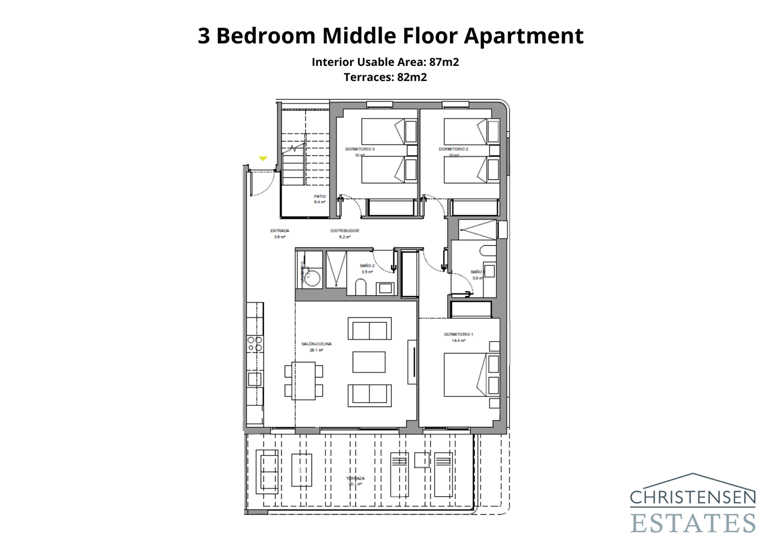 This three-bedroom floor plan offers ample space for family living, with a large, integrated living area and terrace.