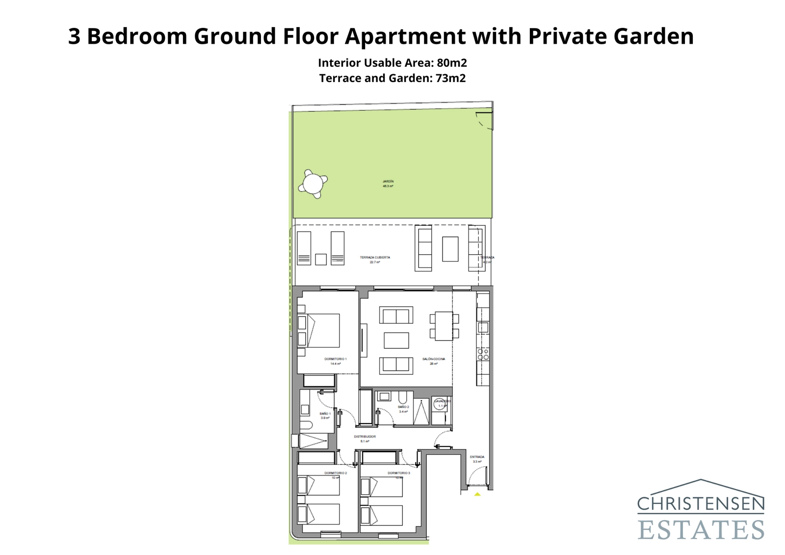 Three-bedroom ground floor home with spacious interiors connected to a generous terrace and private garden, perfect for outdoor living.