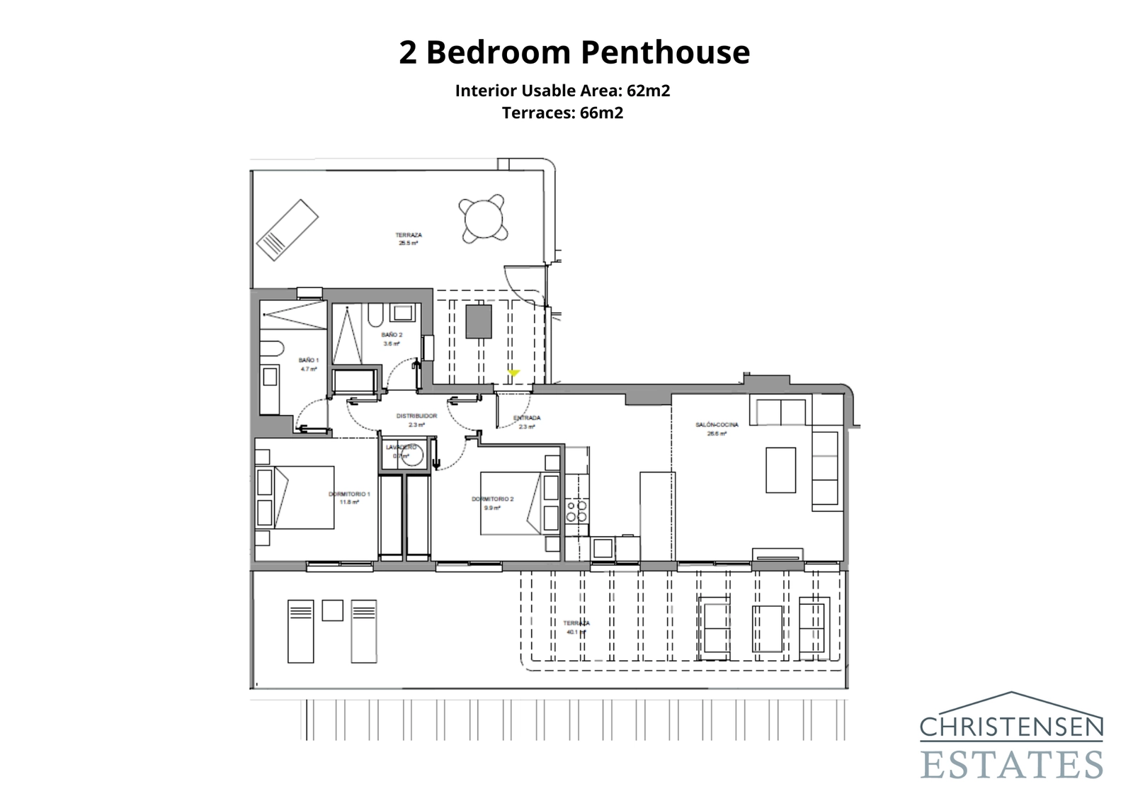 The two-bedroom penthouse layout shows an expansive terrace, providing an exclusive space with exceptional views.