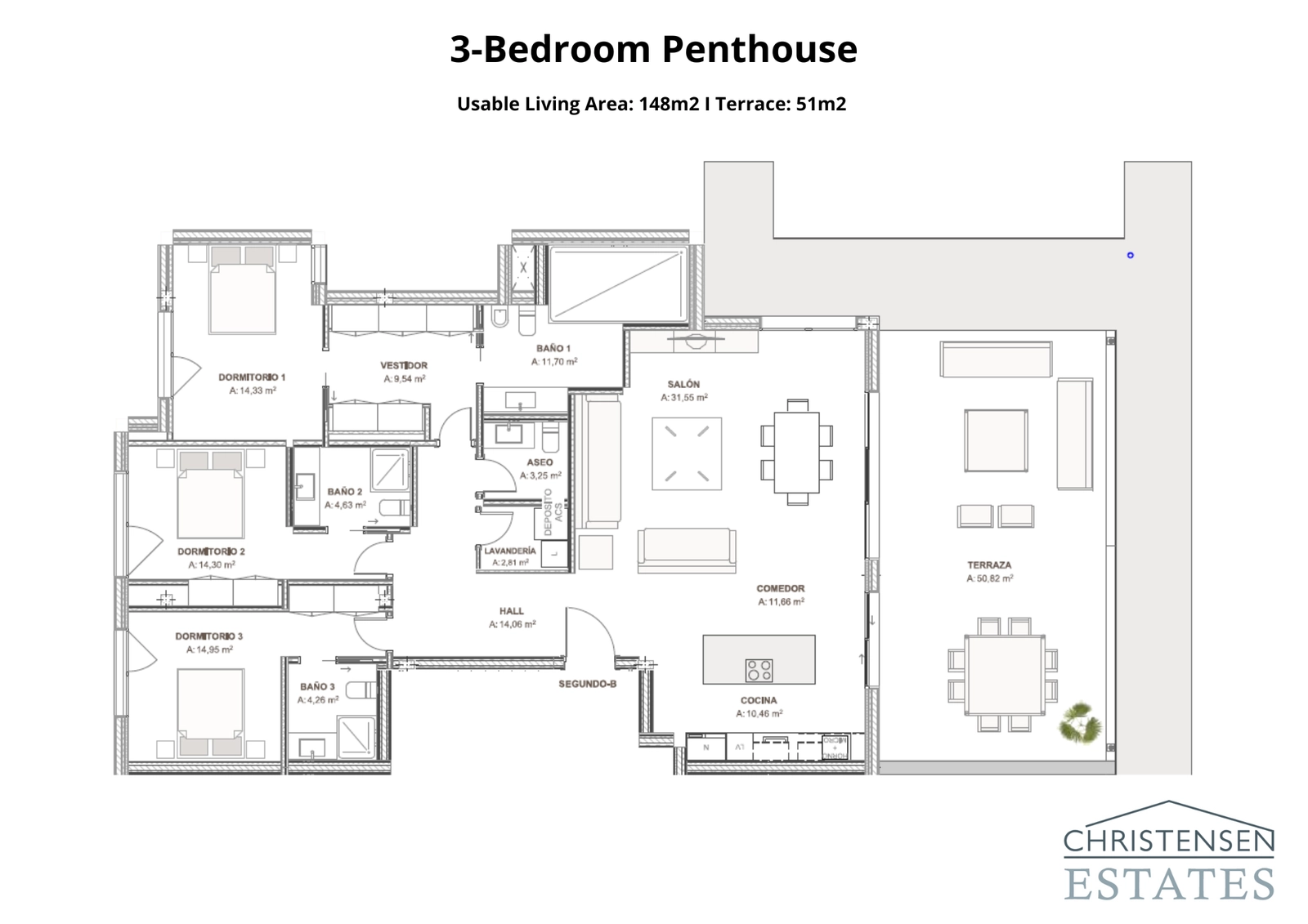 This spacious three-bedroom apartment layout features a generous terrace, directly accessible from the main living area, perfect for an indoor-outdoor lifestyle.