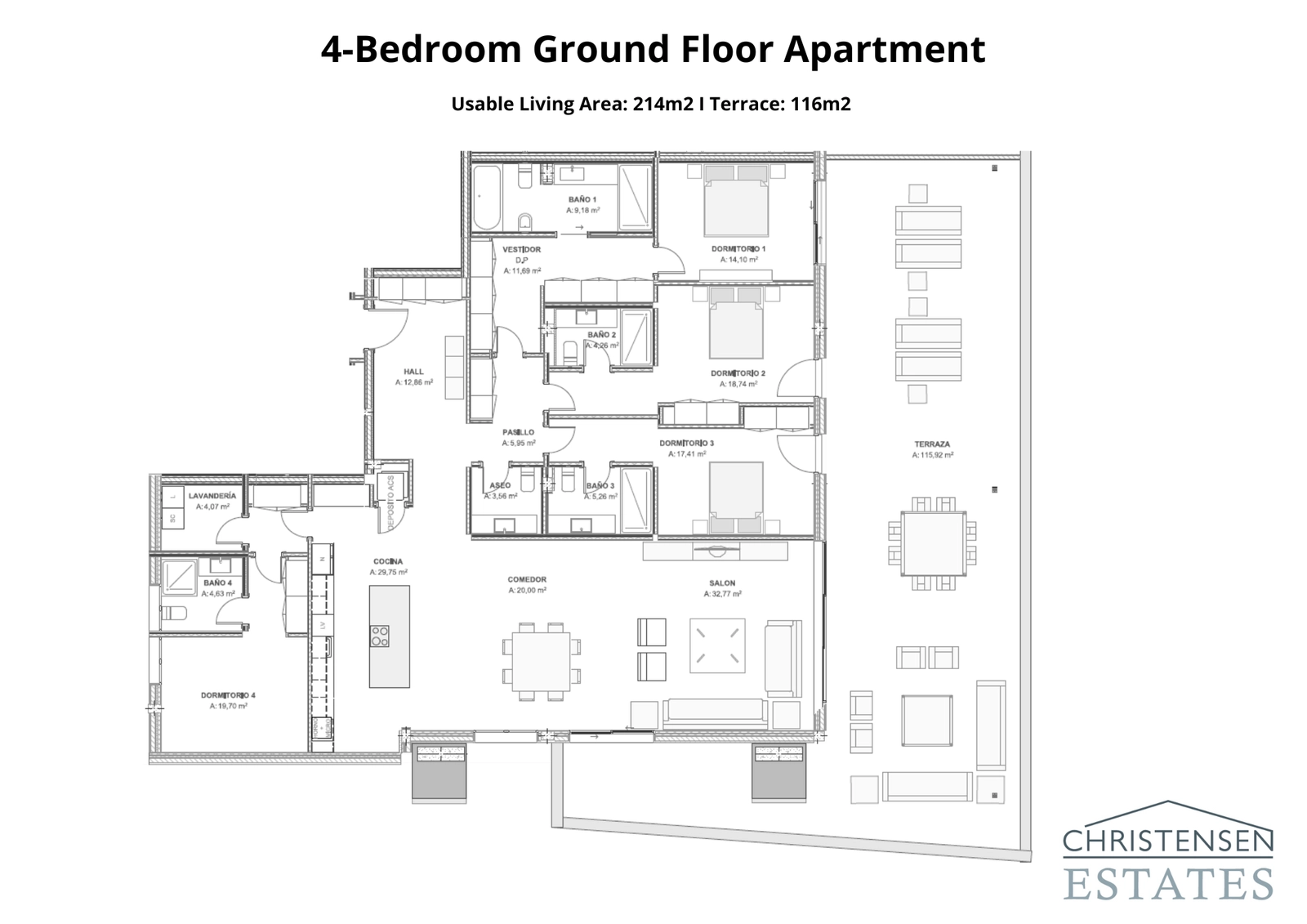A magnificent four-bedroom ground floor layout with extensive living spaces flowing out to a very large terrace, ideal for families and entertaining.