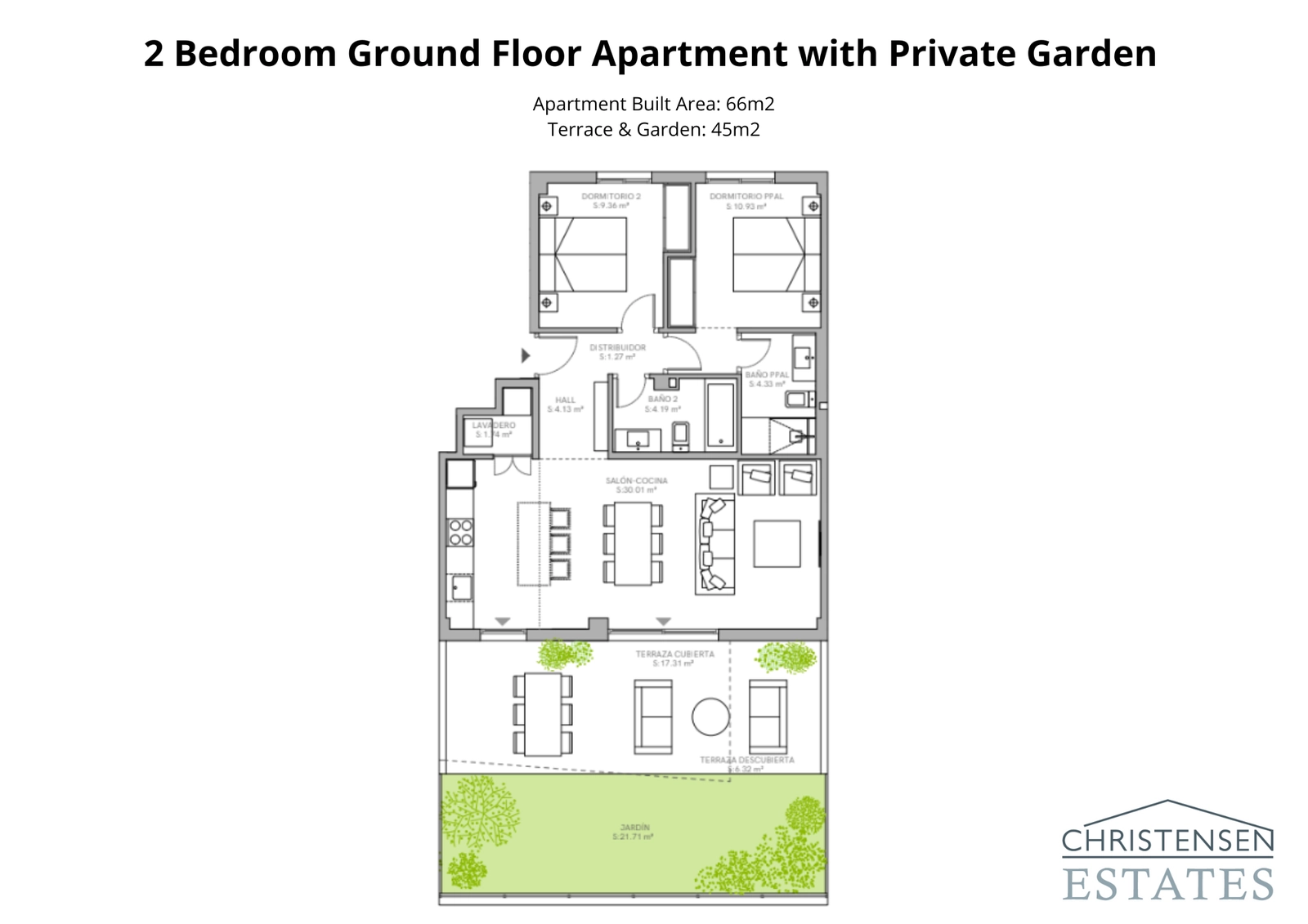 Layout for the two-bedroom ground-floor home, showing the excellent flow from the open-plan living area to the spacious terrace and private garden.