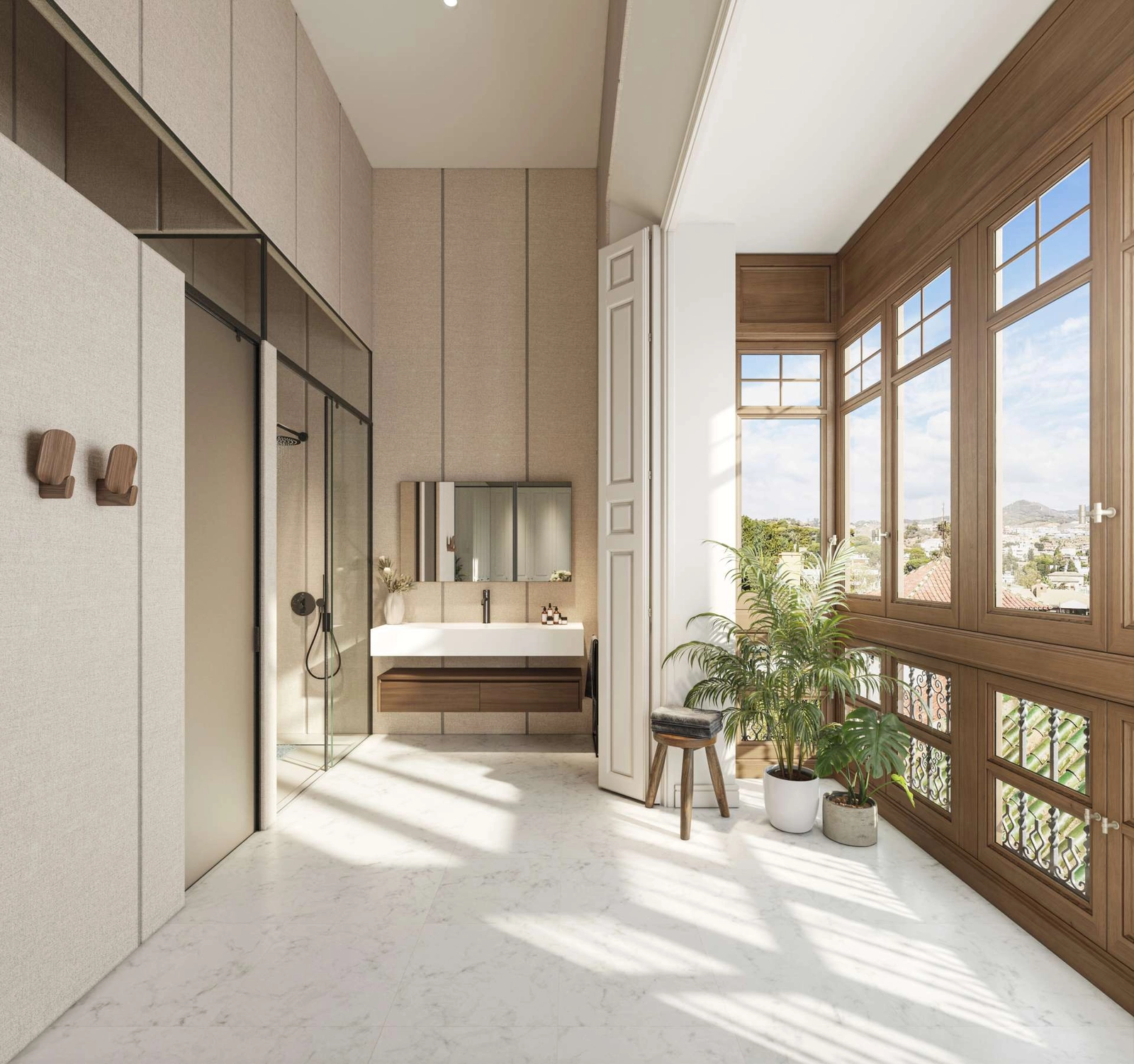 Bright bathrooms feature historic details like this magnificent bay window, creating a unique space for relaxation.