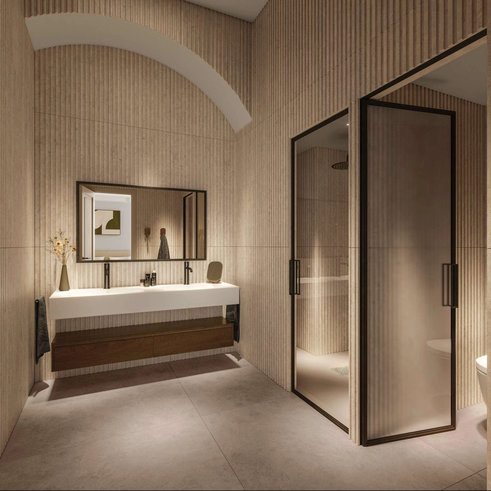 A stylish bathroom combining textured walls with modern amenities for a warm and inviting atmosphere.