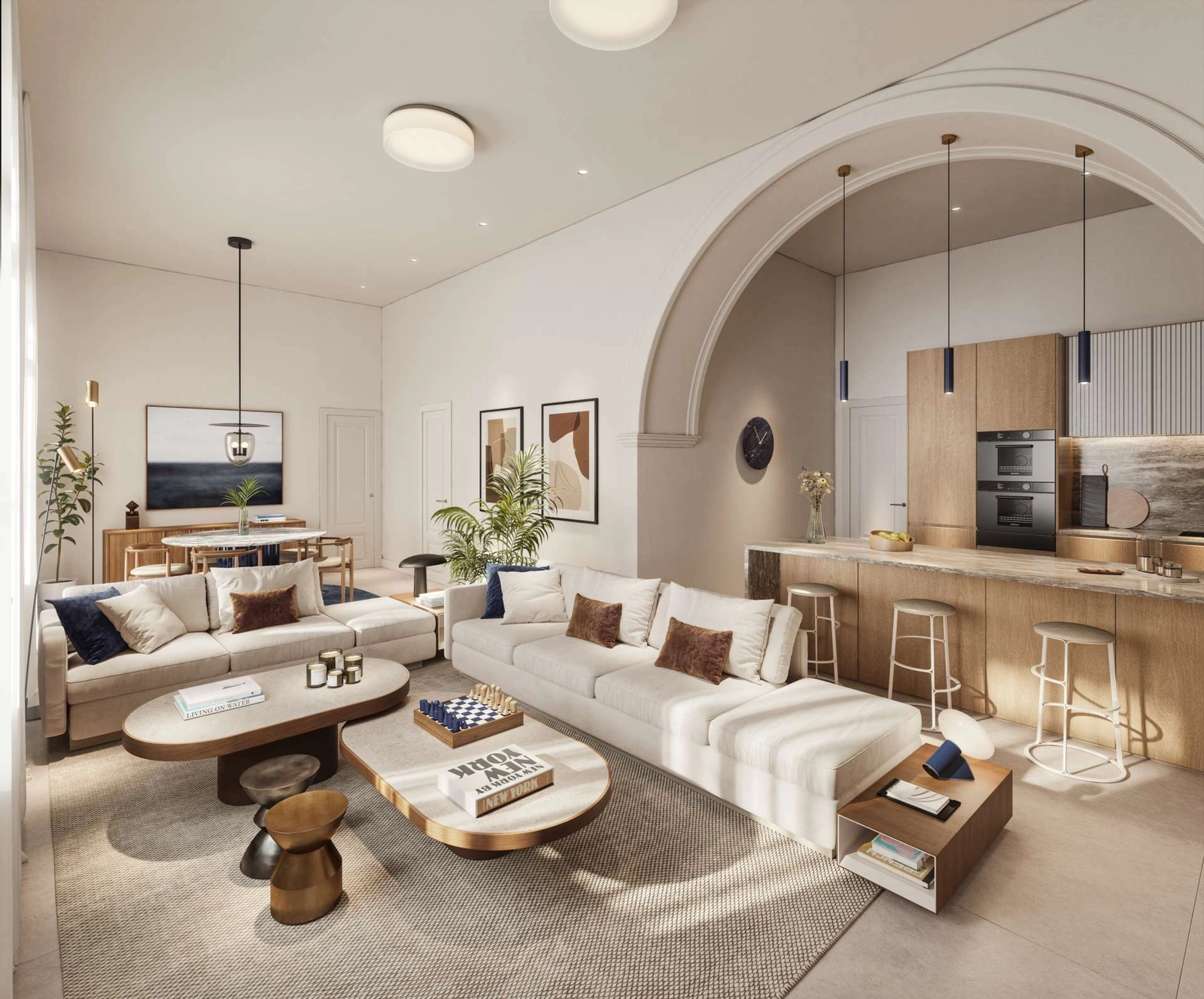 Spacious open-plan living areas are designed for comfort, combining modern design with classic architectural details.