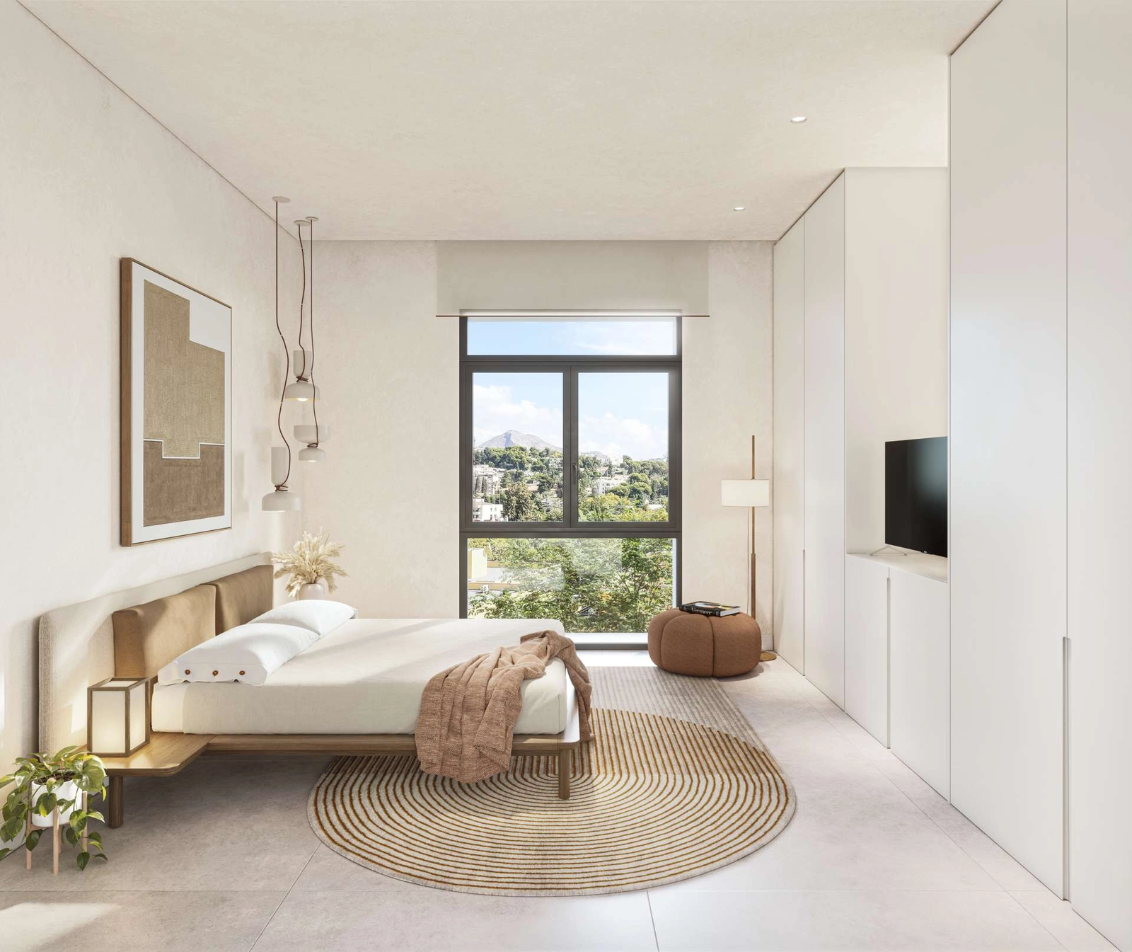 A tranquil and spacious bedroom designed with clean lines and a connection to the bright outdoors.