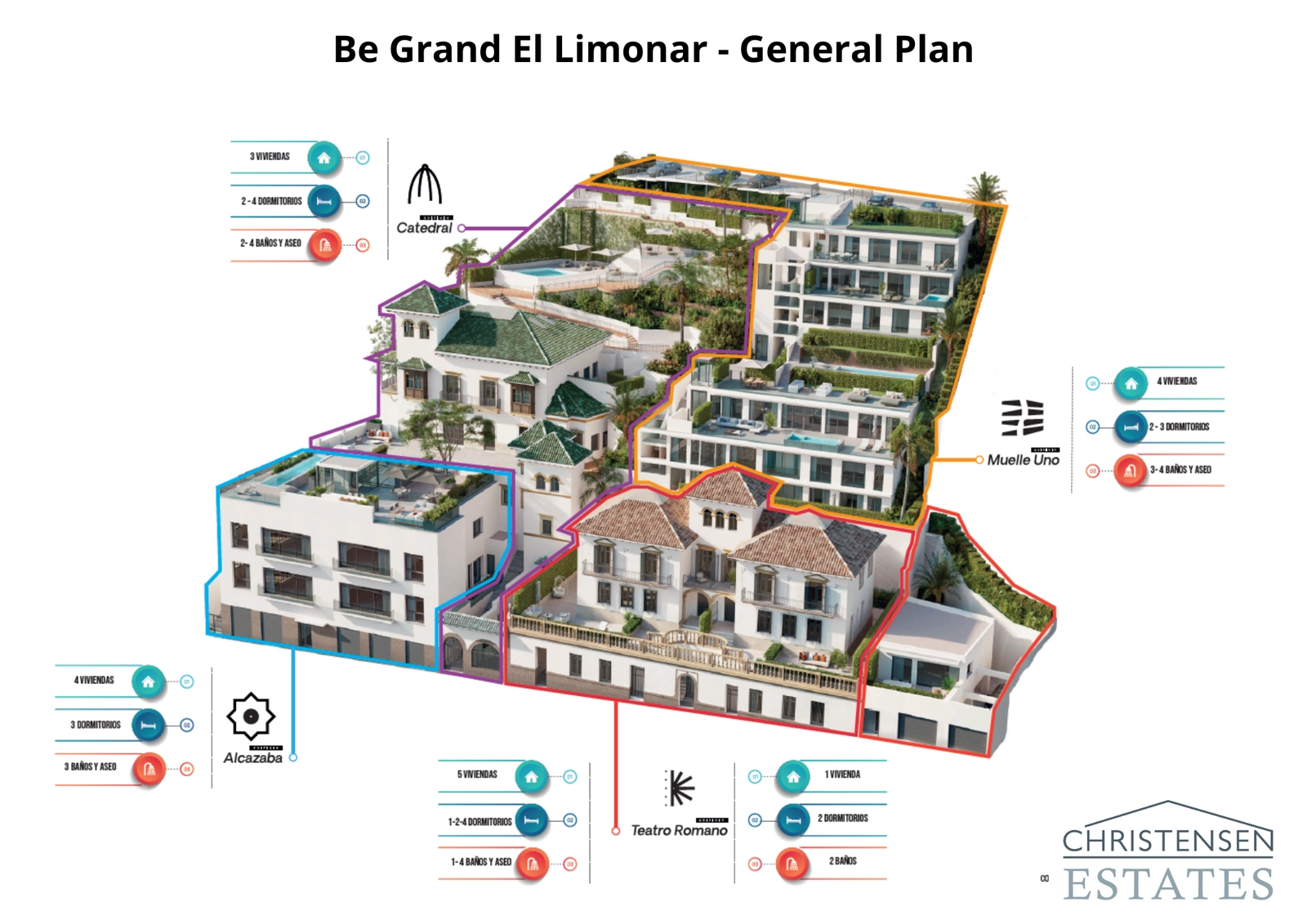 This general plan shows the layout of the five distinct buildings, each offering a unique character within this exclusive community.