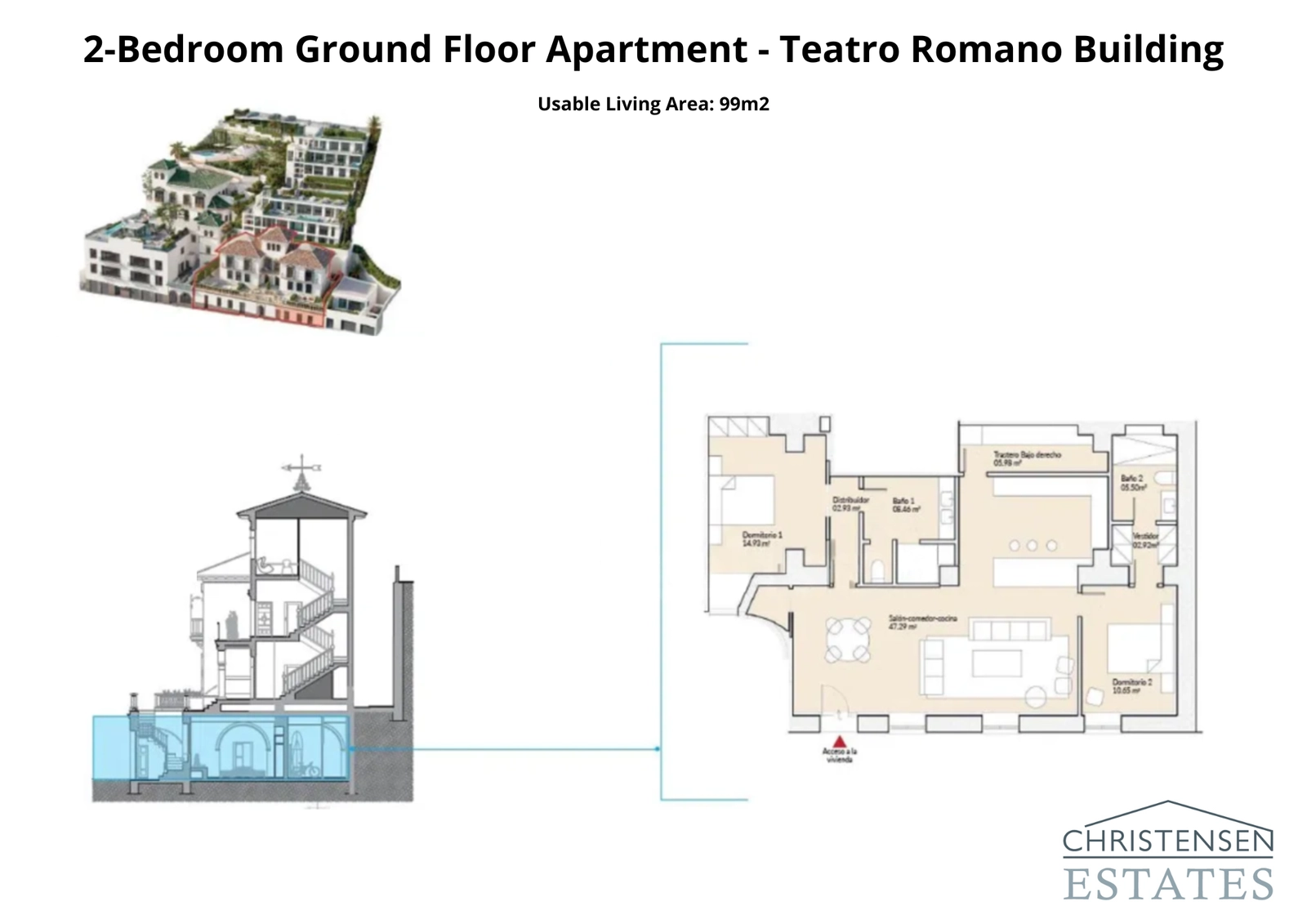 This two-bedroom ground floor home in the Teatro Romano building provides spacious interiors and easy access to a private terrace.