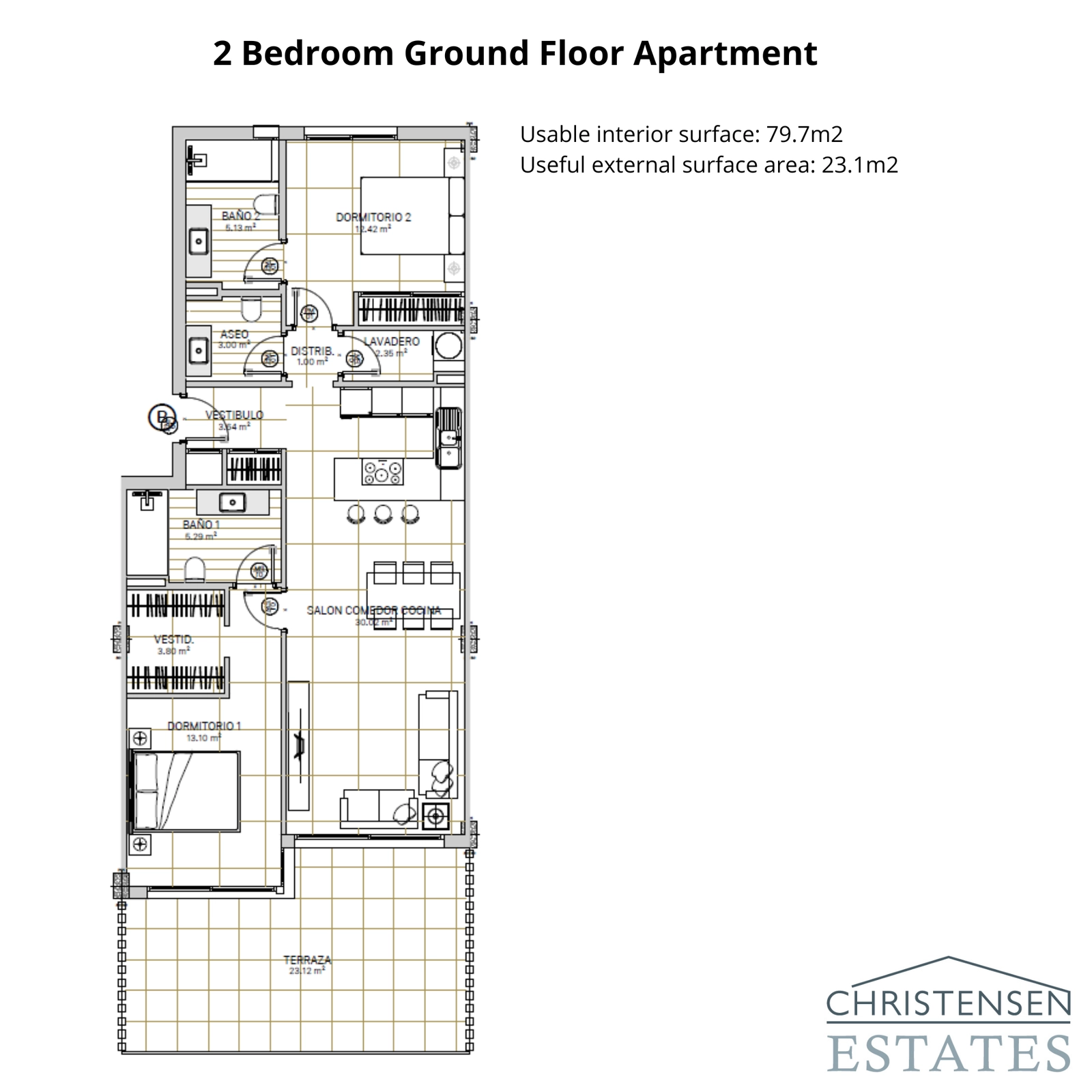 This two-bedroom ground floor layout offers a generous terrace, perfect for enjoying the outdoors.