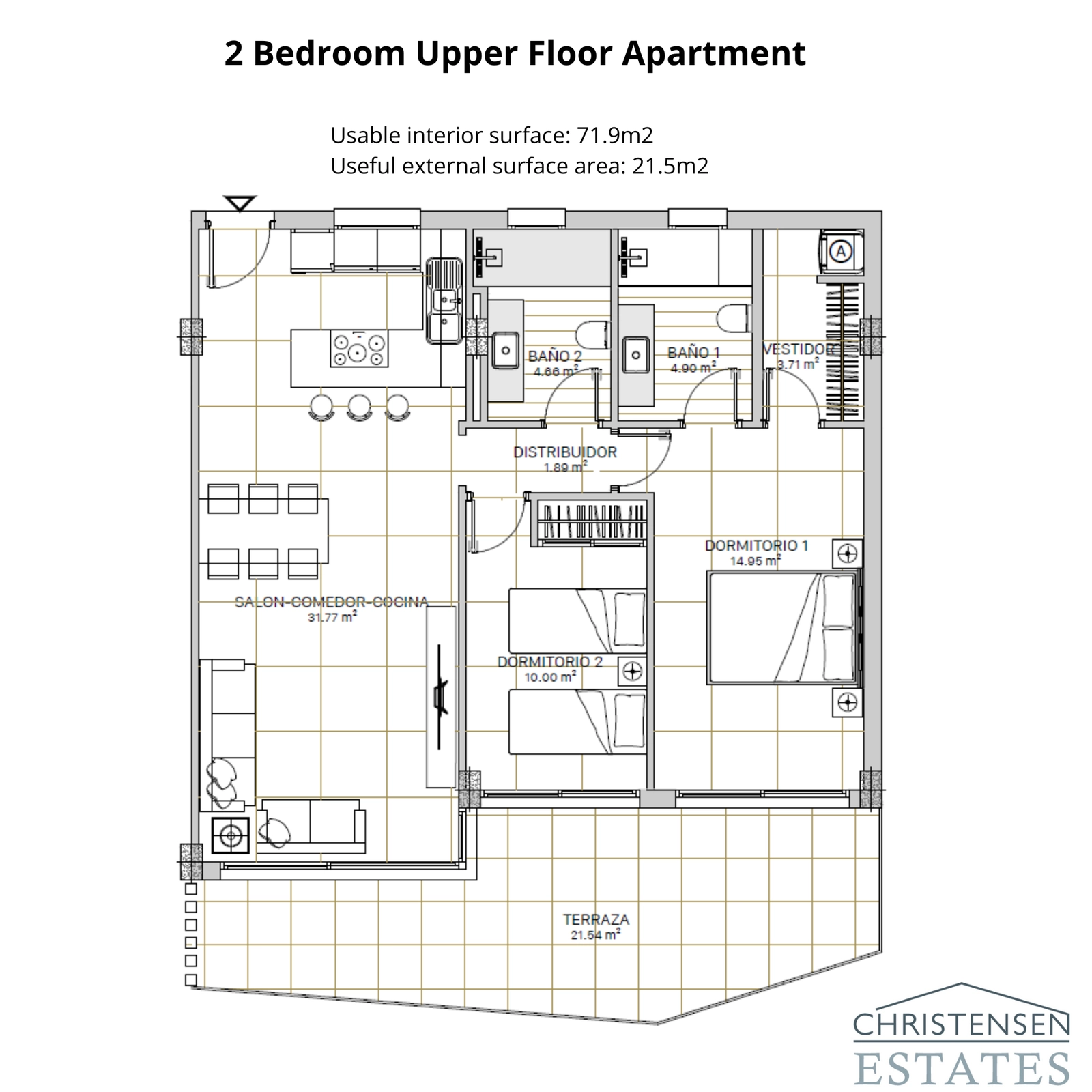 An efficient two-bedroom floor plan for upper floors, with an open living area and private terrace.