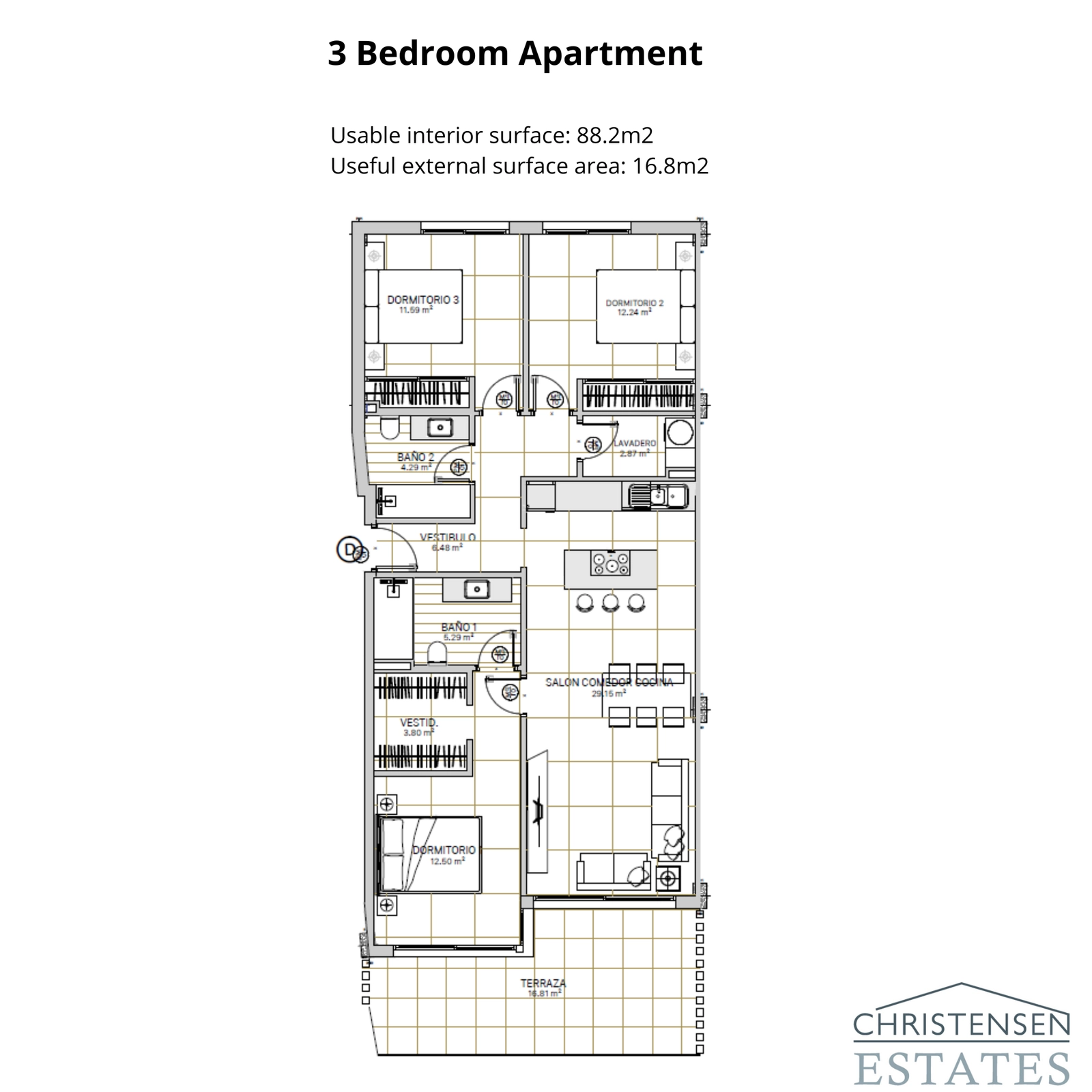 The spacious three-bedroom design provides ample room for family and guests, with well-defined living spaces.