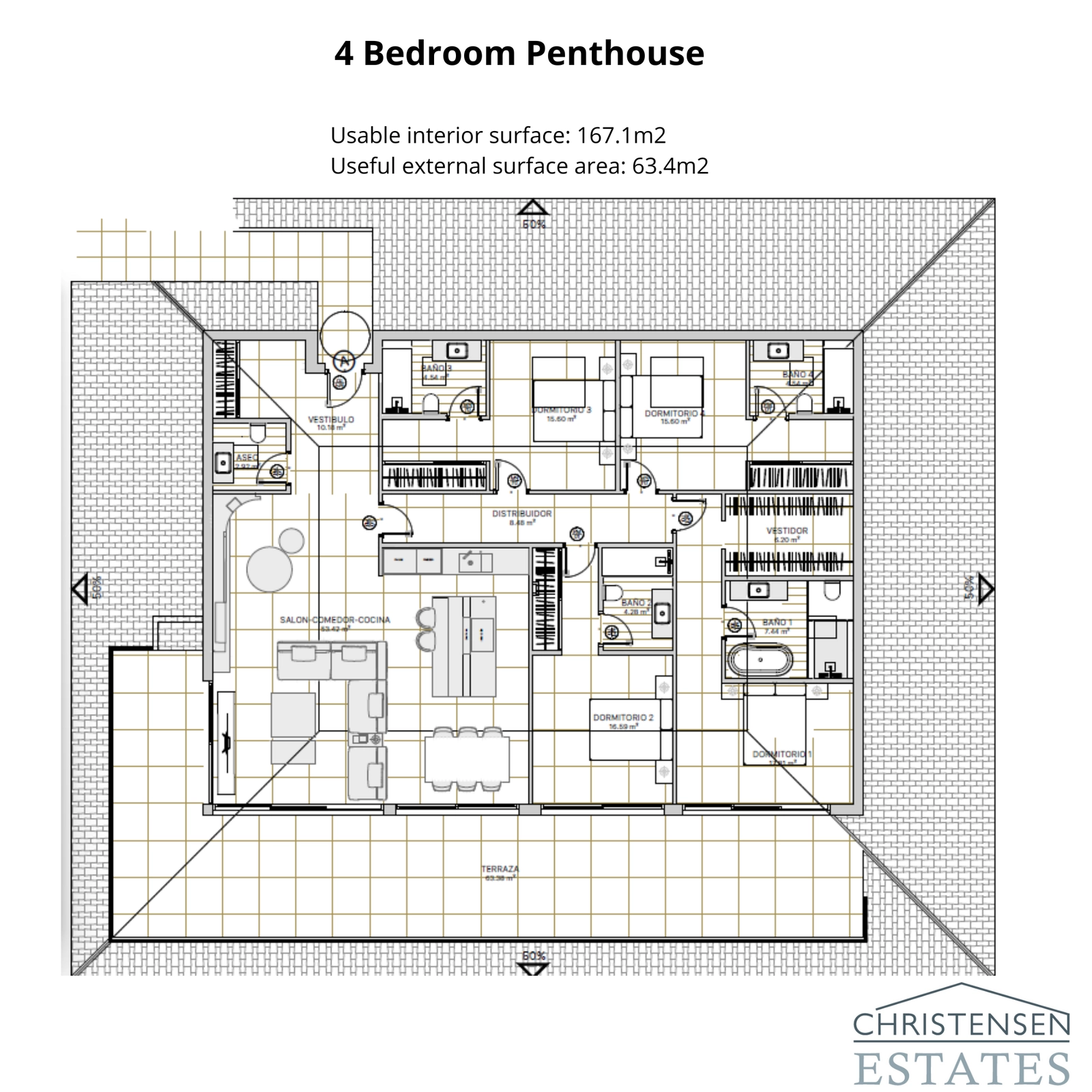 The exclusive four-bedroom penthouse layout offers expansive interiors and a large terrace for the ultimate luxury living.