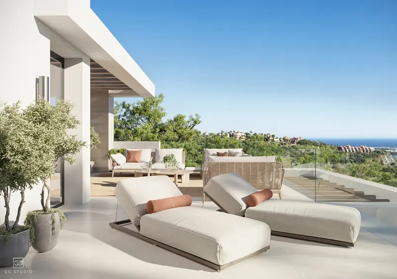 A spacious private terrace, designed for seamless indoor-outdoor living and soaking up the sun.