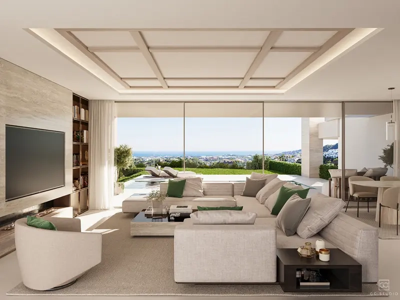 The bright, open-plan living area connects effortlessly to the terrace and pool.