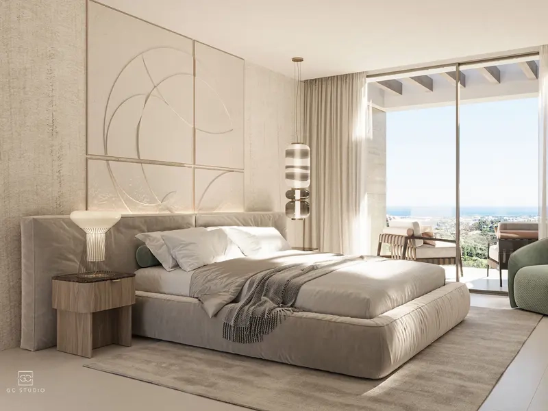 The master suite, a peaceful retreat with direct terrace access and stunning sea views.