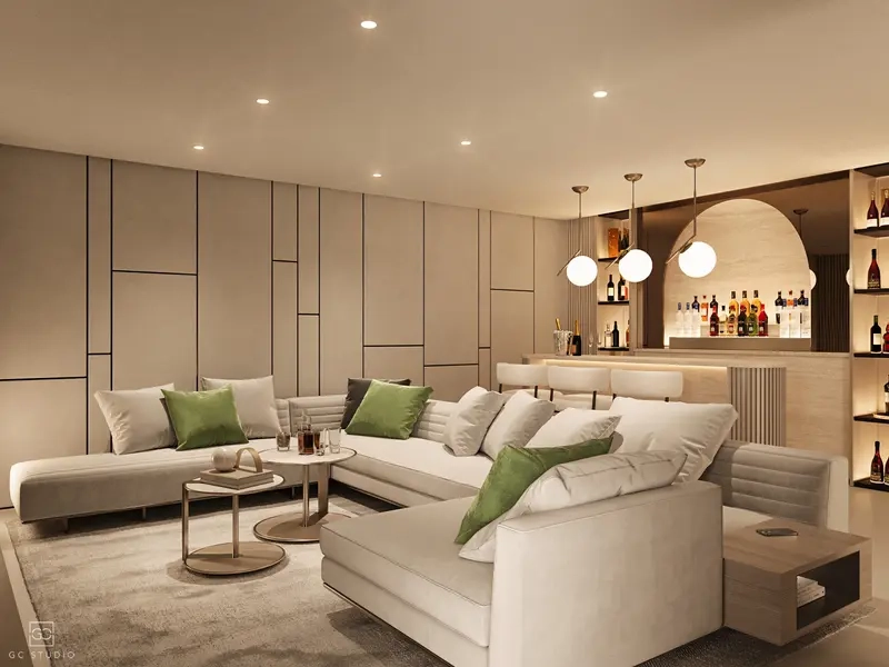 A versatile entertainment room with a private bar, perfect for hosting guests.