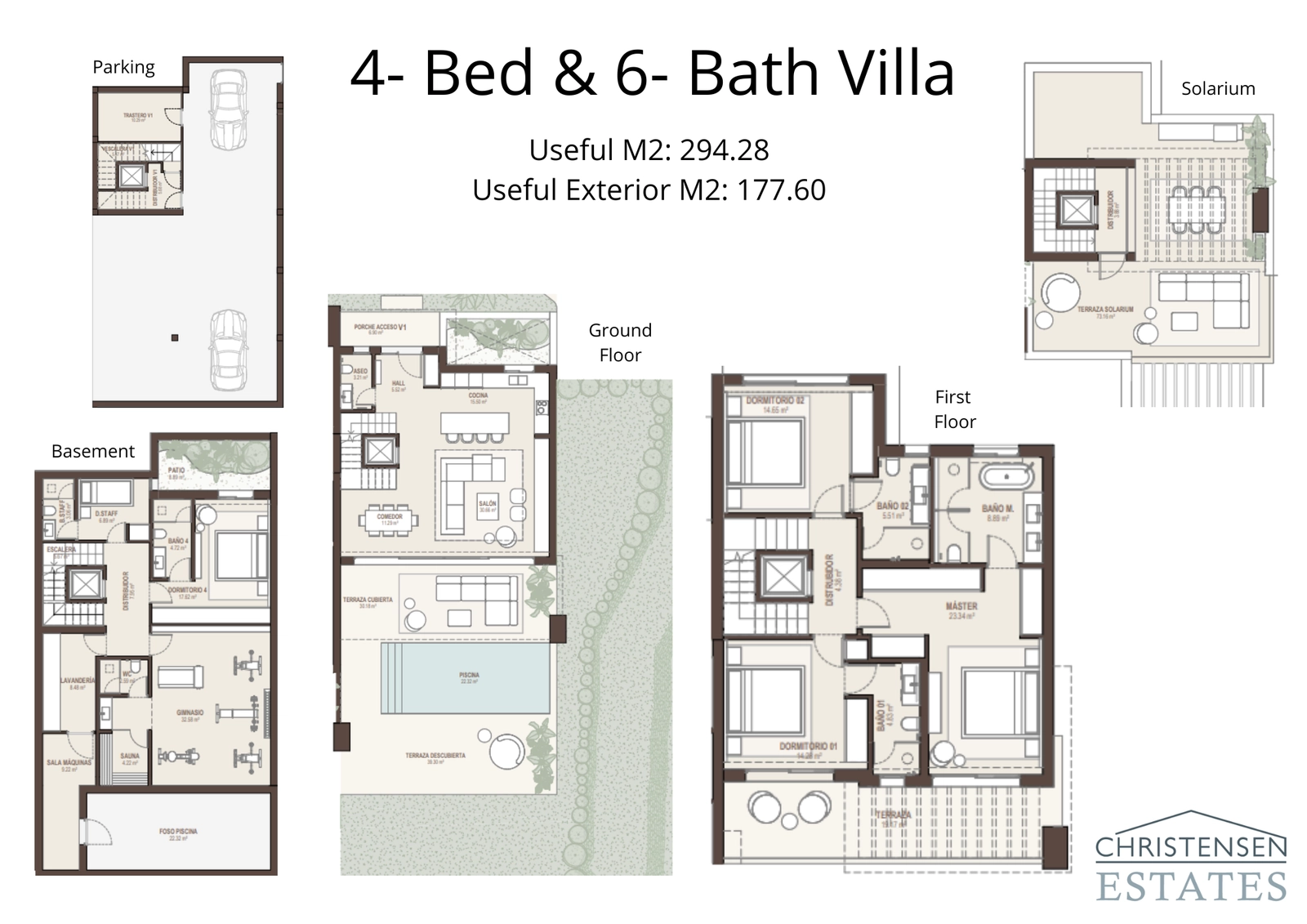 This multi-level layout shows the intelligent distribution of space, from the private underground garage to the rooftop solarium, ensuring privacy and comfort on every floor.