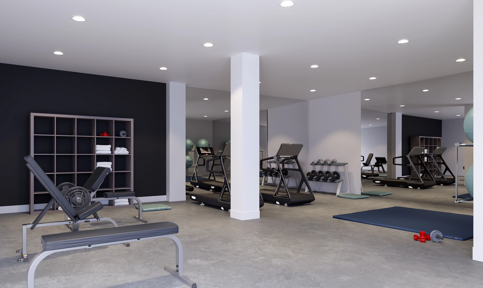 The fully equipped on-site gym, available for residents to maintain an active lifestyle.