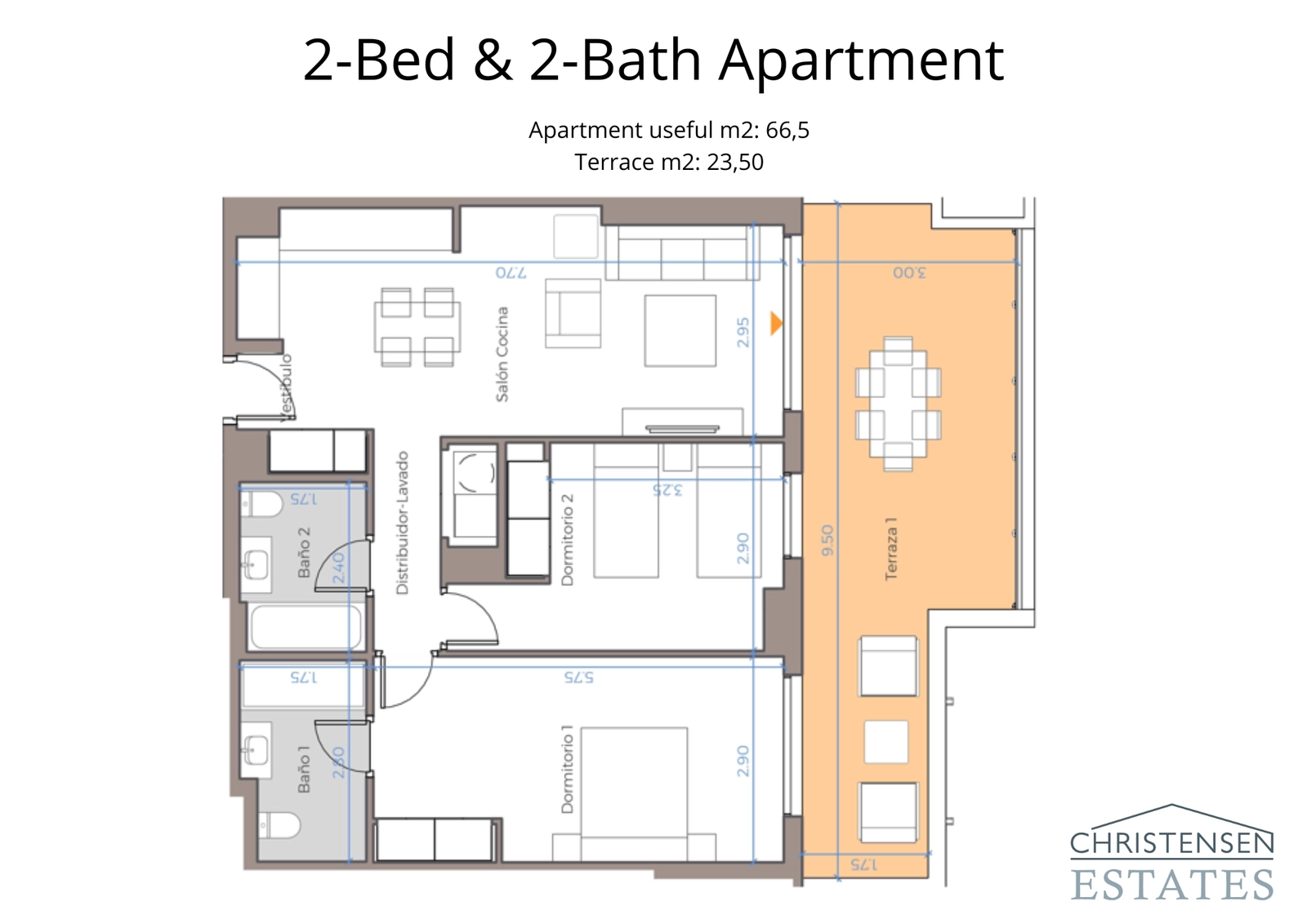 Floor plan for a two-bedroom residence, showing an intelligent layout with an open living area and a large terrace.
