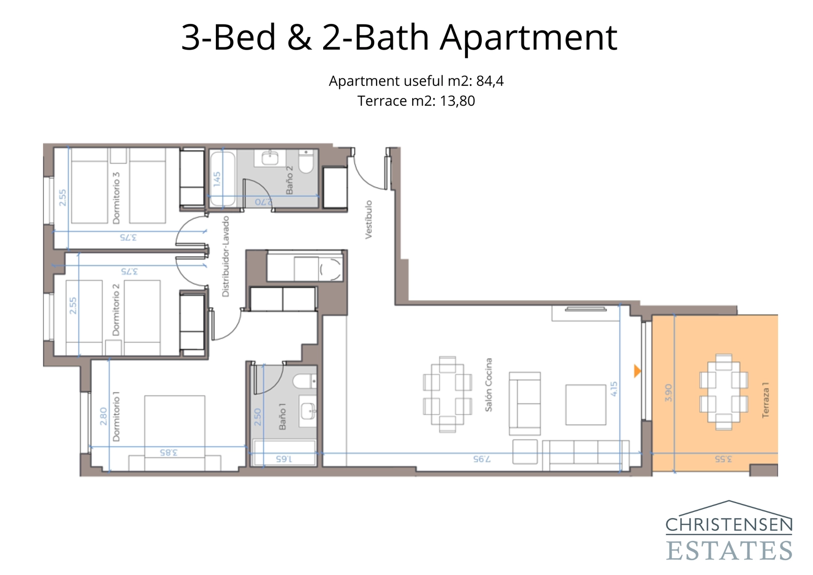 Spacious three-bedroom apartment layout, designed for comfort and functionality with direct access to outdoor space.