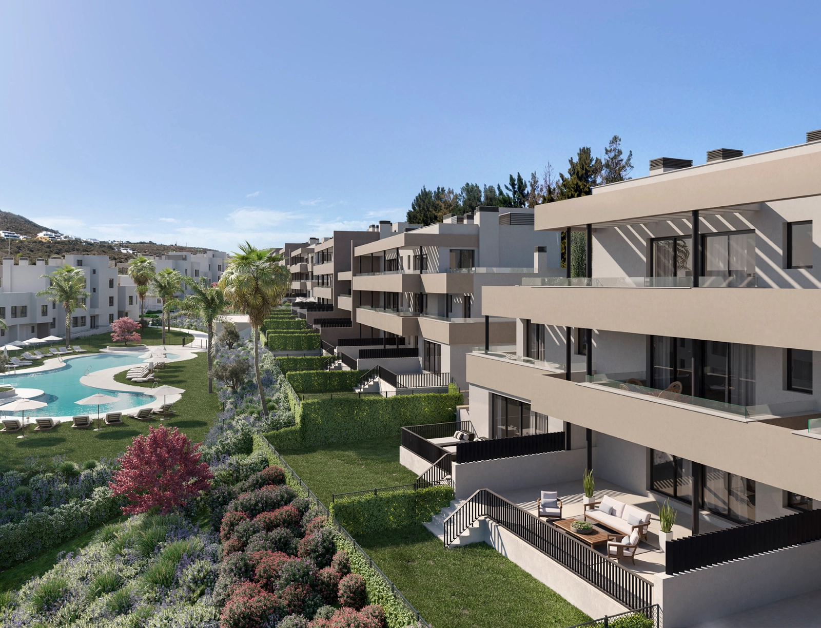 Ground floor apartments feature generous private gardens, extending the living space outdoors.