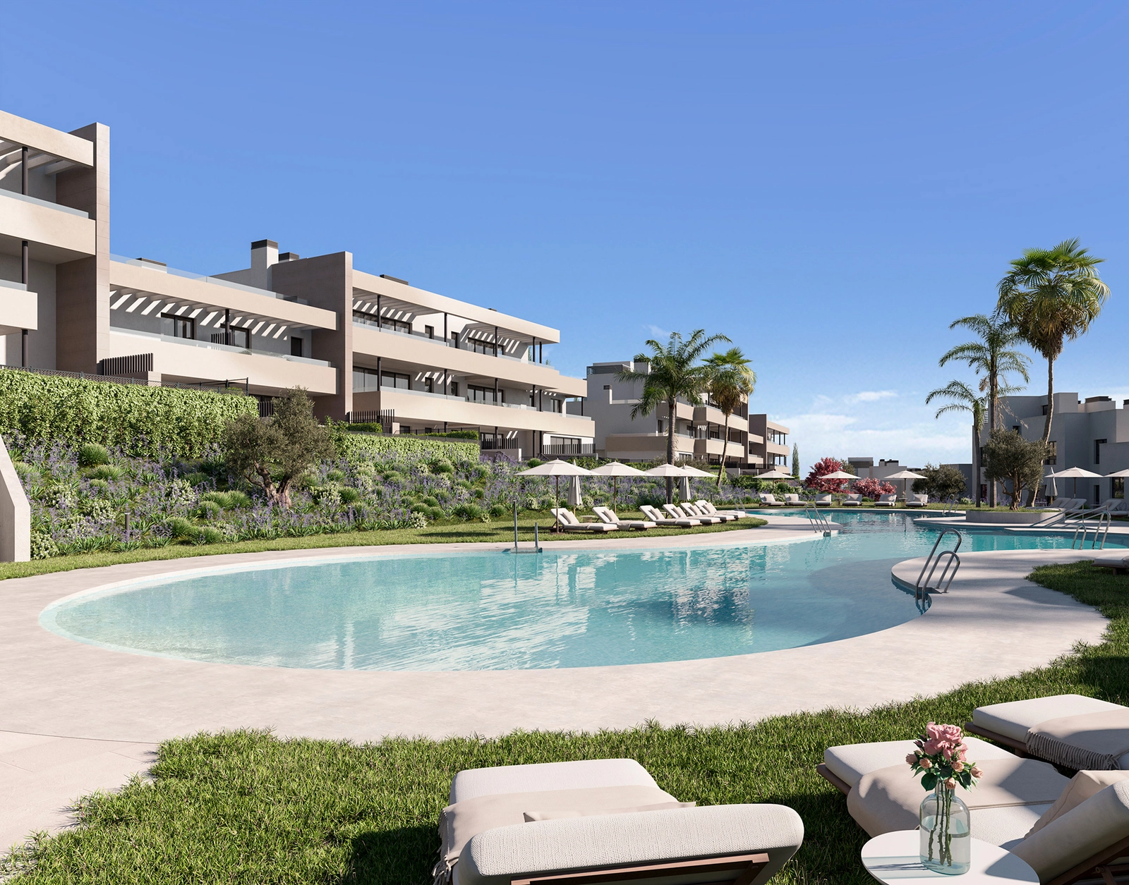 The inviting communal swimming pool, surrounded by lush gardens, offers a perfect retreat for relaxation.