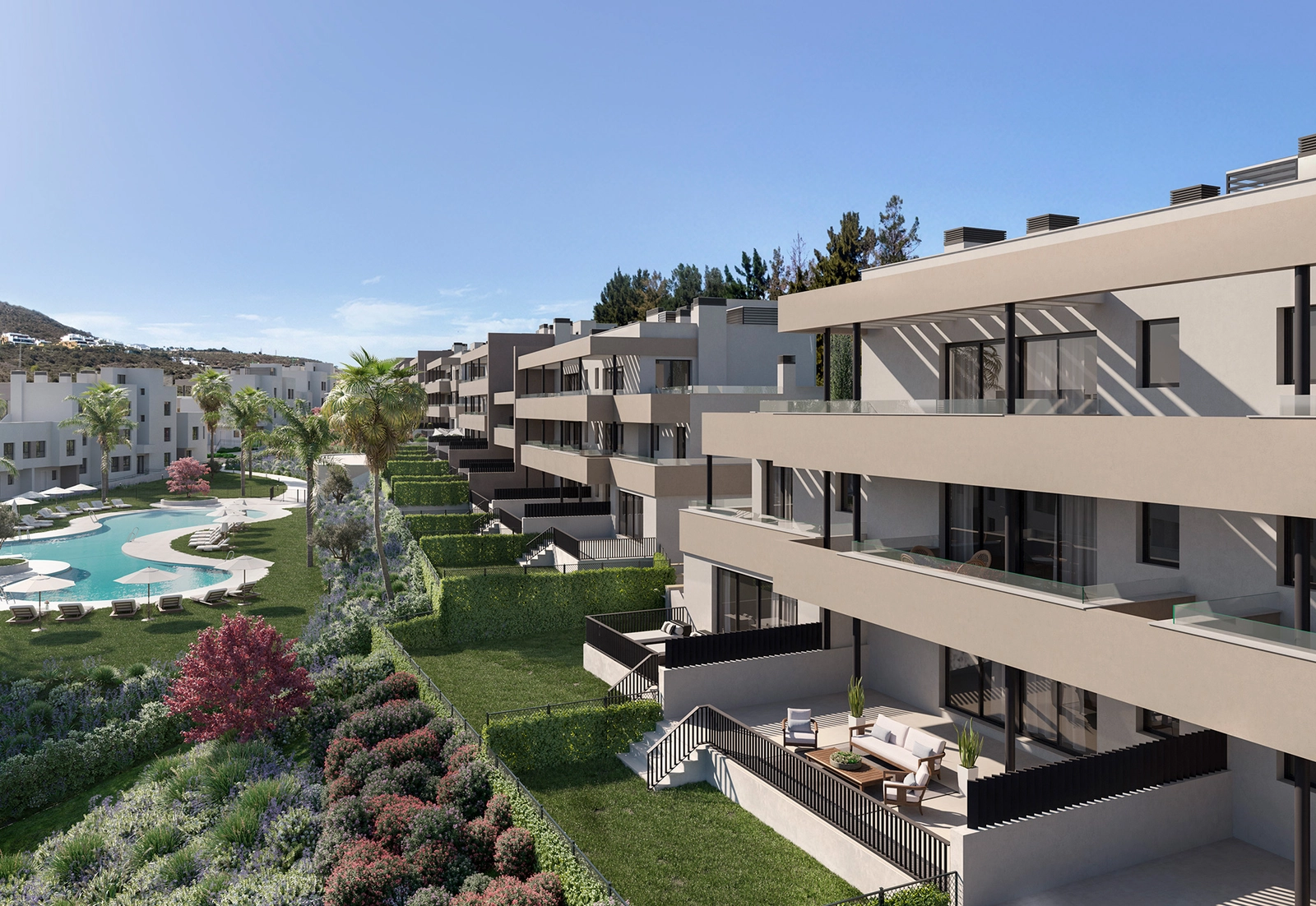 The elegant design of the buildings, featuring clean lines and spacious terraces overlooking the gardens and pool.