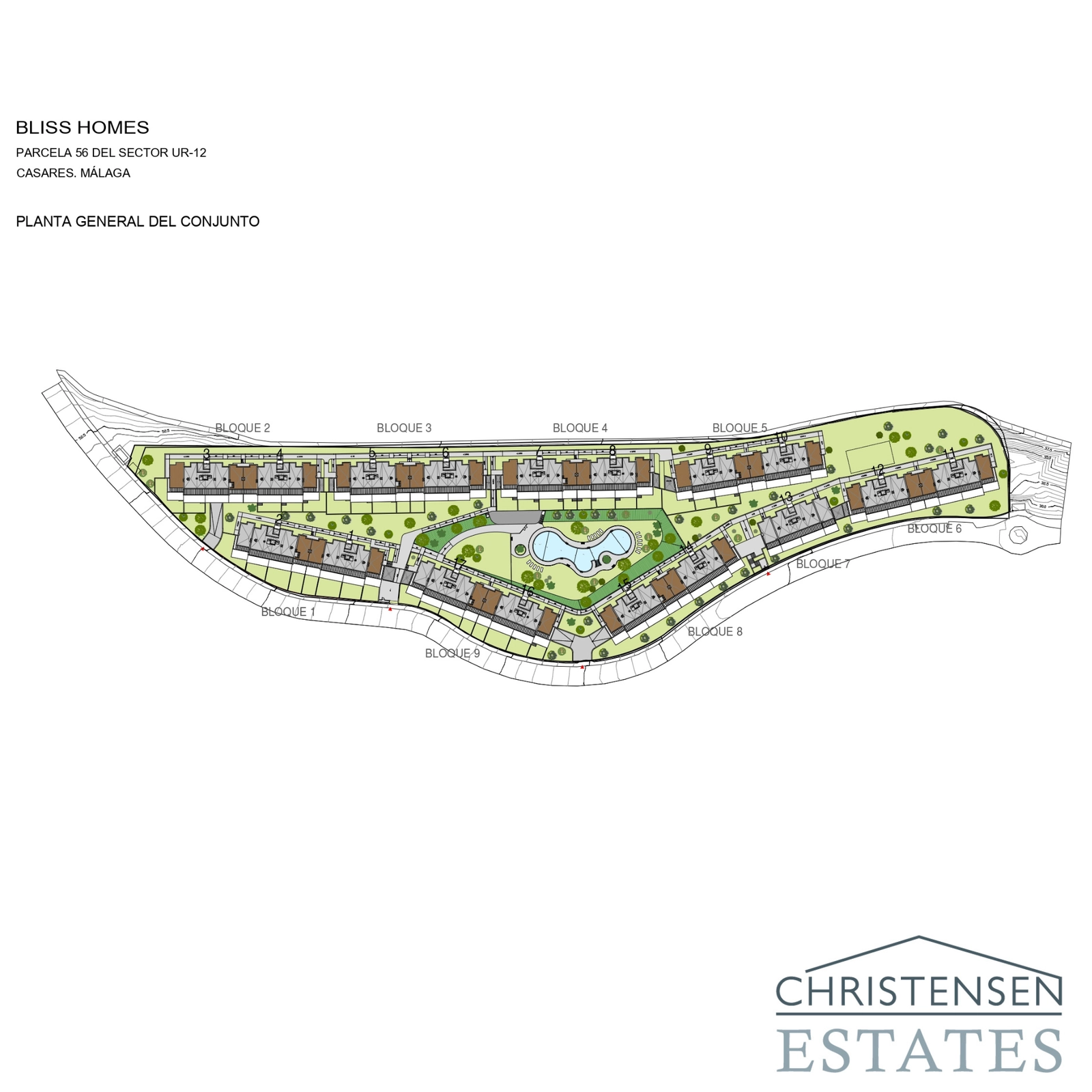 This site plan illustrates the overall layout of the development, showcasing the nine residential blocks, communal pool, and garden areas.