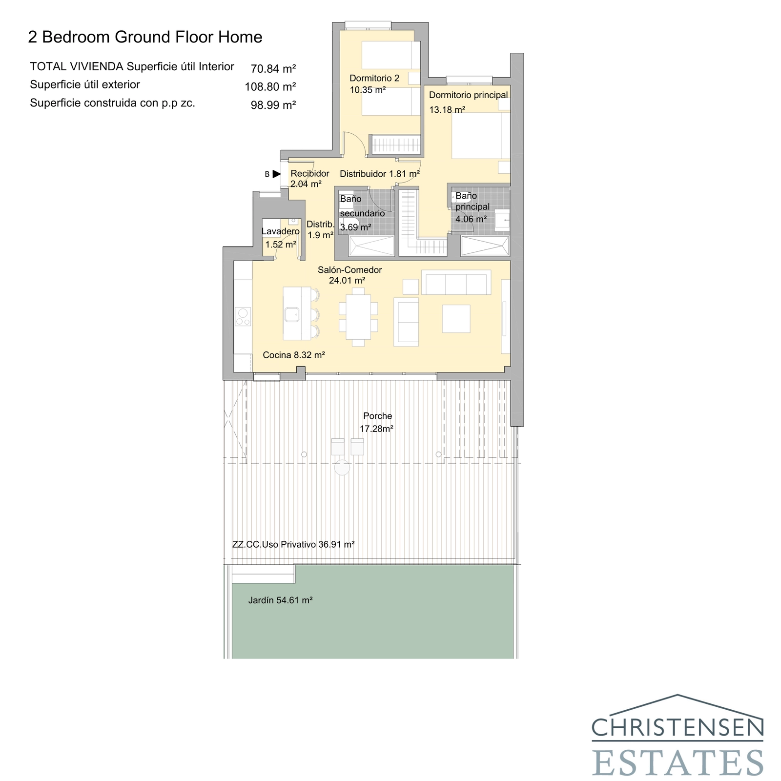 The two-bedroom floor plan features a smart layout with an open-plan living area that connects to a spacious porch and private garden.