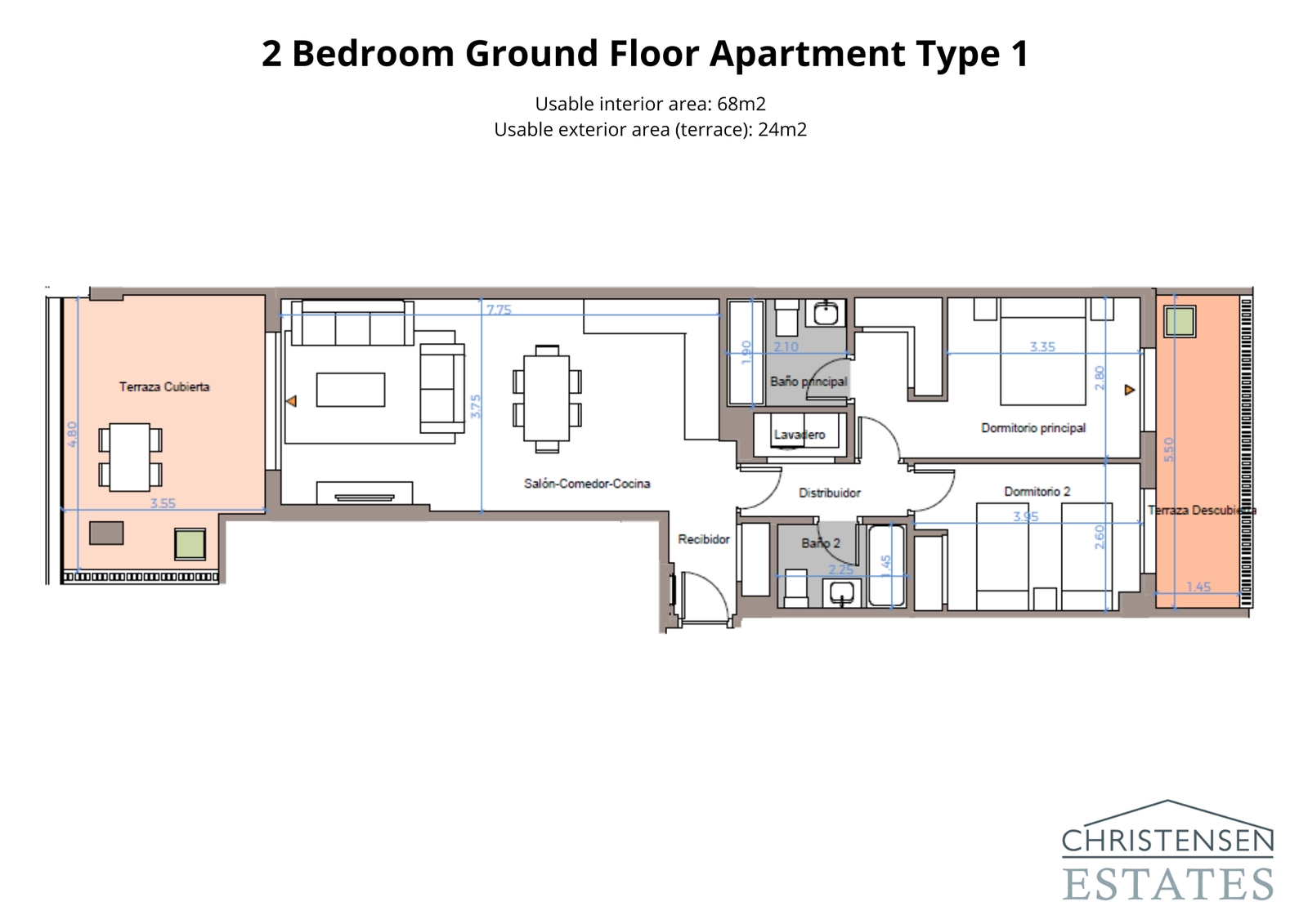 This two-bedroom ground floor layout features a large covered terrace that extends the living space outdoors.
