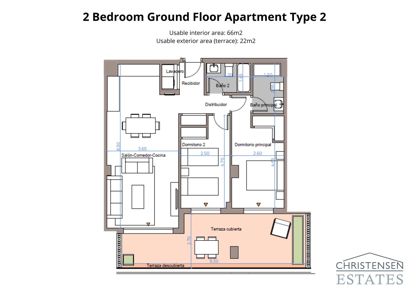 A well-designed two-bedroom ground floor plan with an open-concept living area and private terrace.