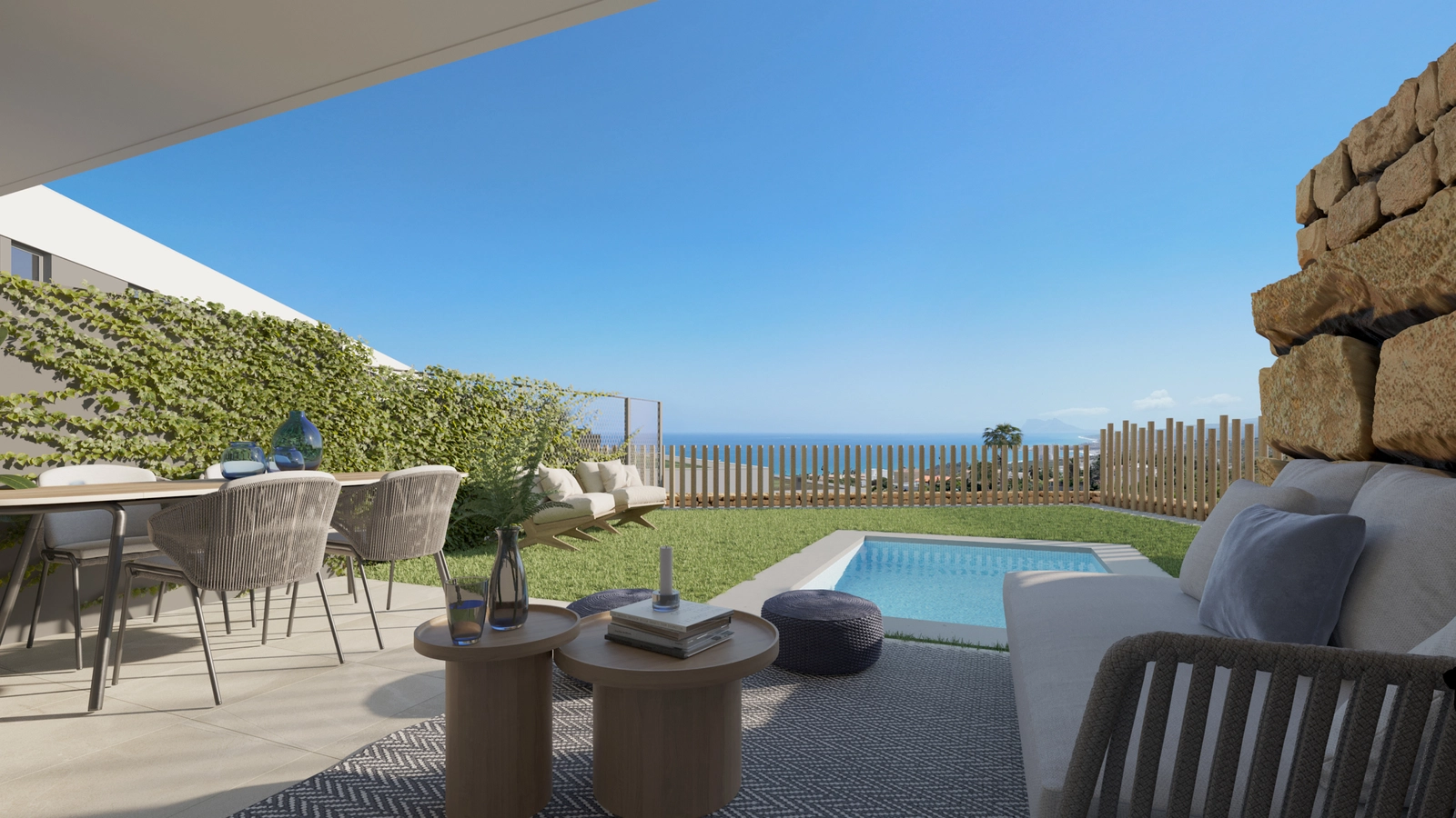 A view from the private terrace, showing the personal pool and garden space designed for ultimate comfort and privacy.